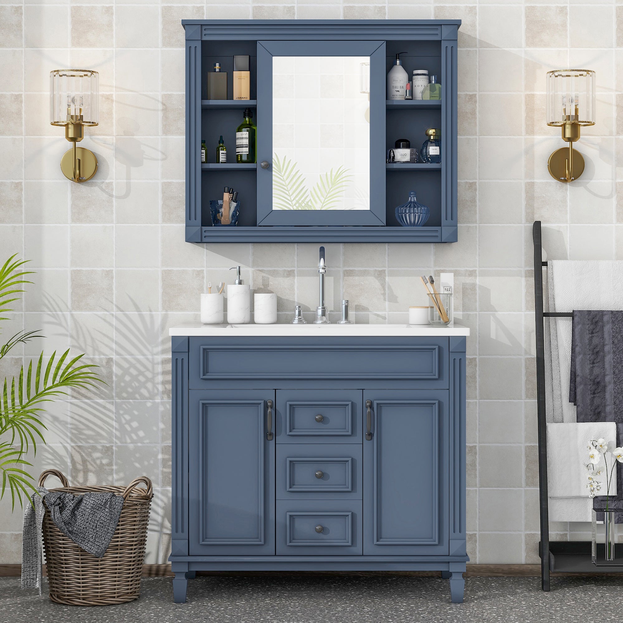 36'' Freestanding Bathroom Vanity Set in Blue with Mirror Cabinet