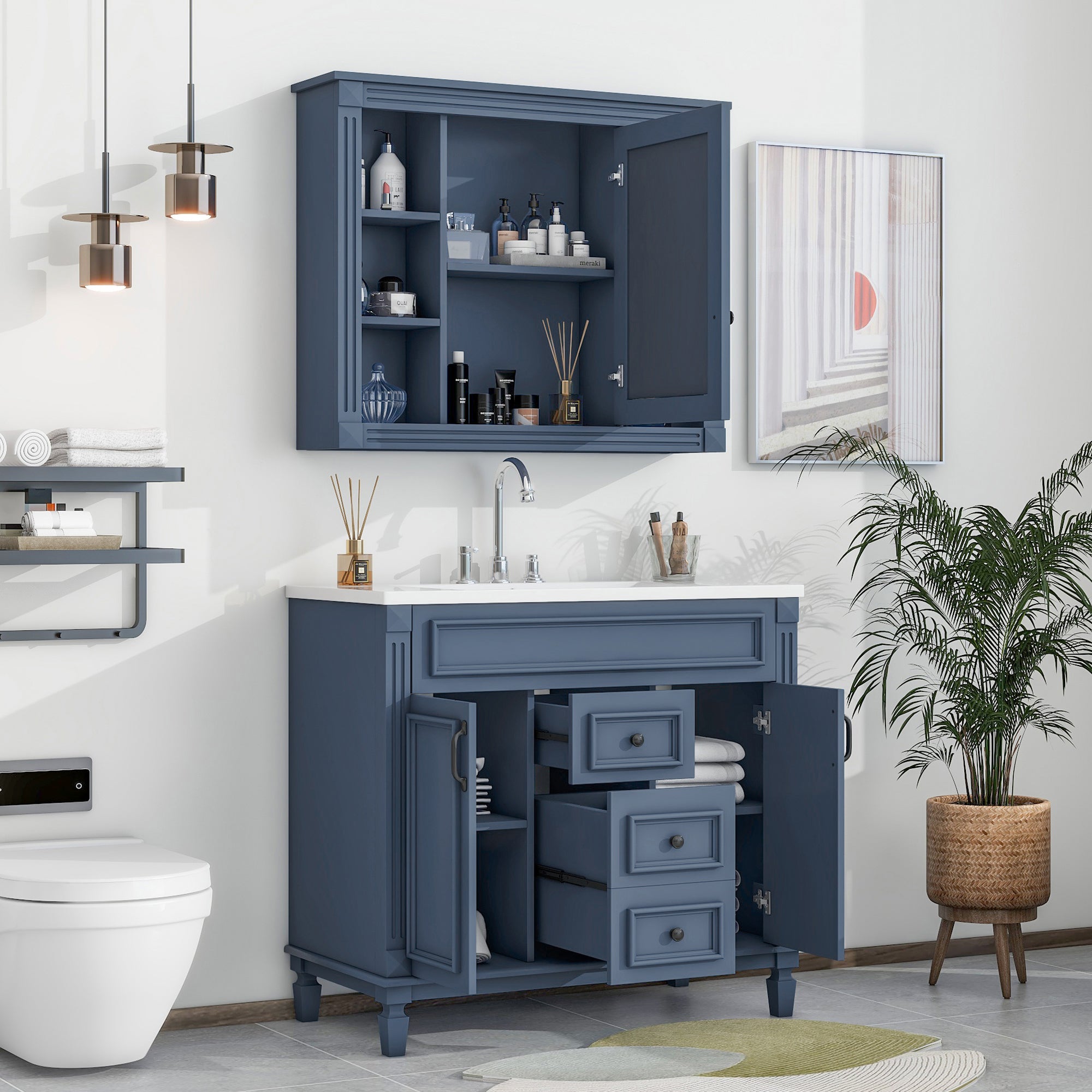36'' Freestanding Bathroom Vanity Set in Blue with Mirror Cabinet