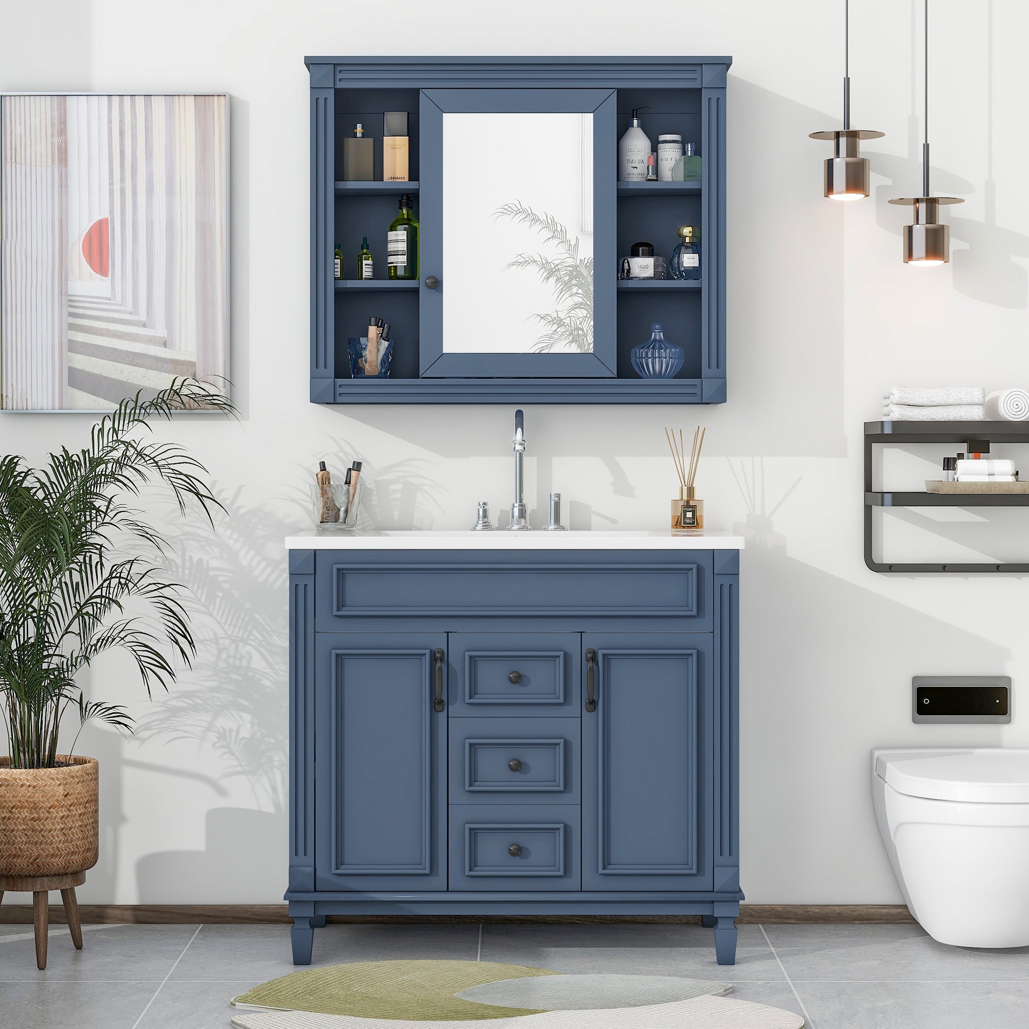 36'' Freestanding Bathroom Vanity Set in Blue with Mirror Cabinet