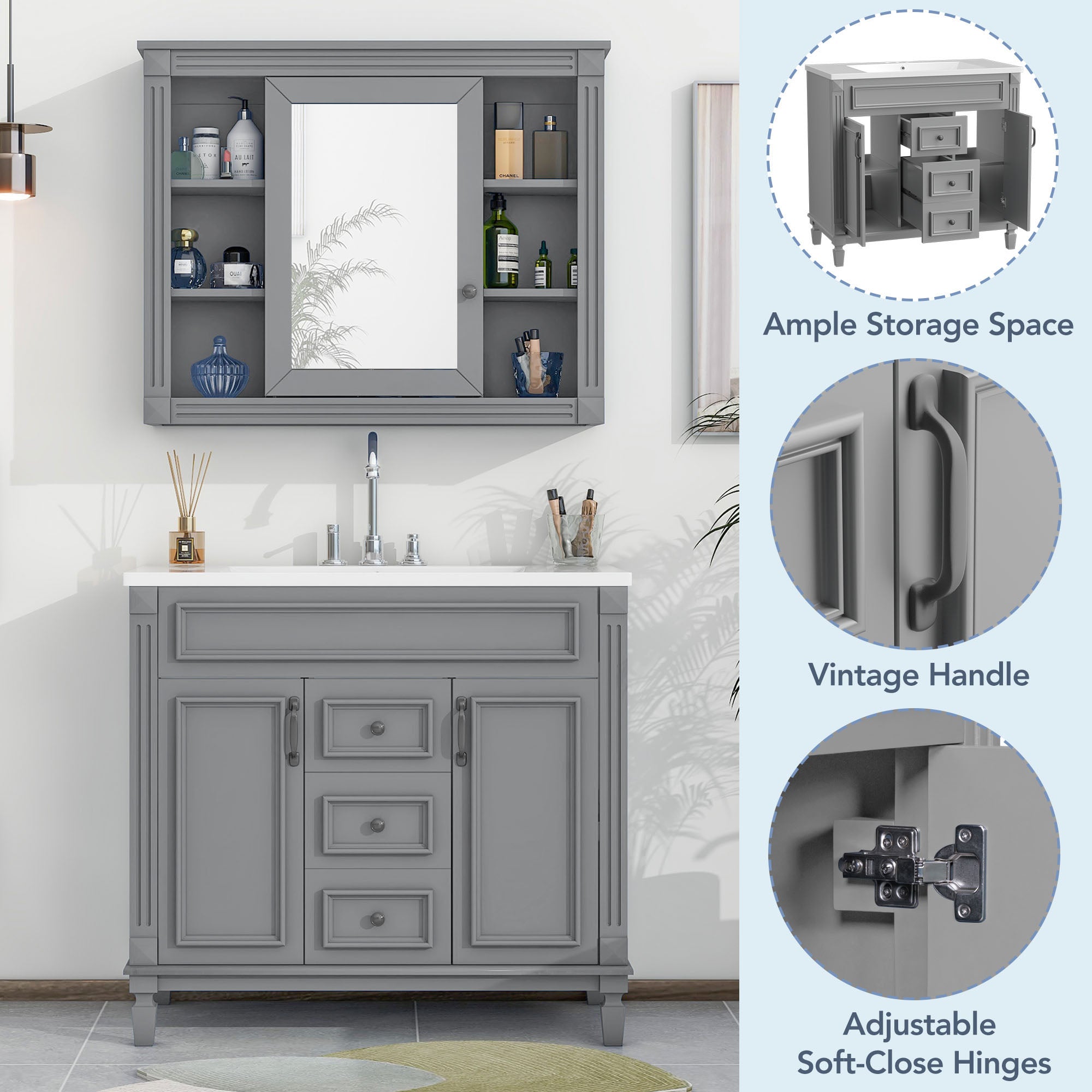 36'' Freestanding Bathroom Vanity Set in Blue with Mirror Cabinet