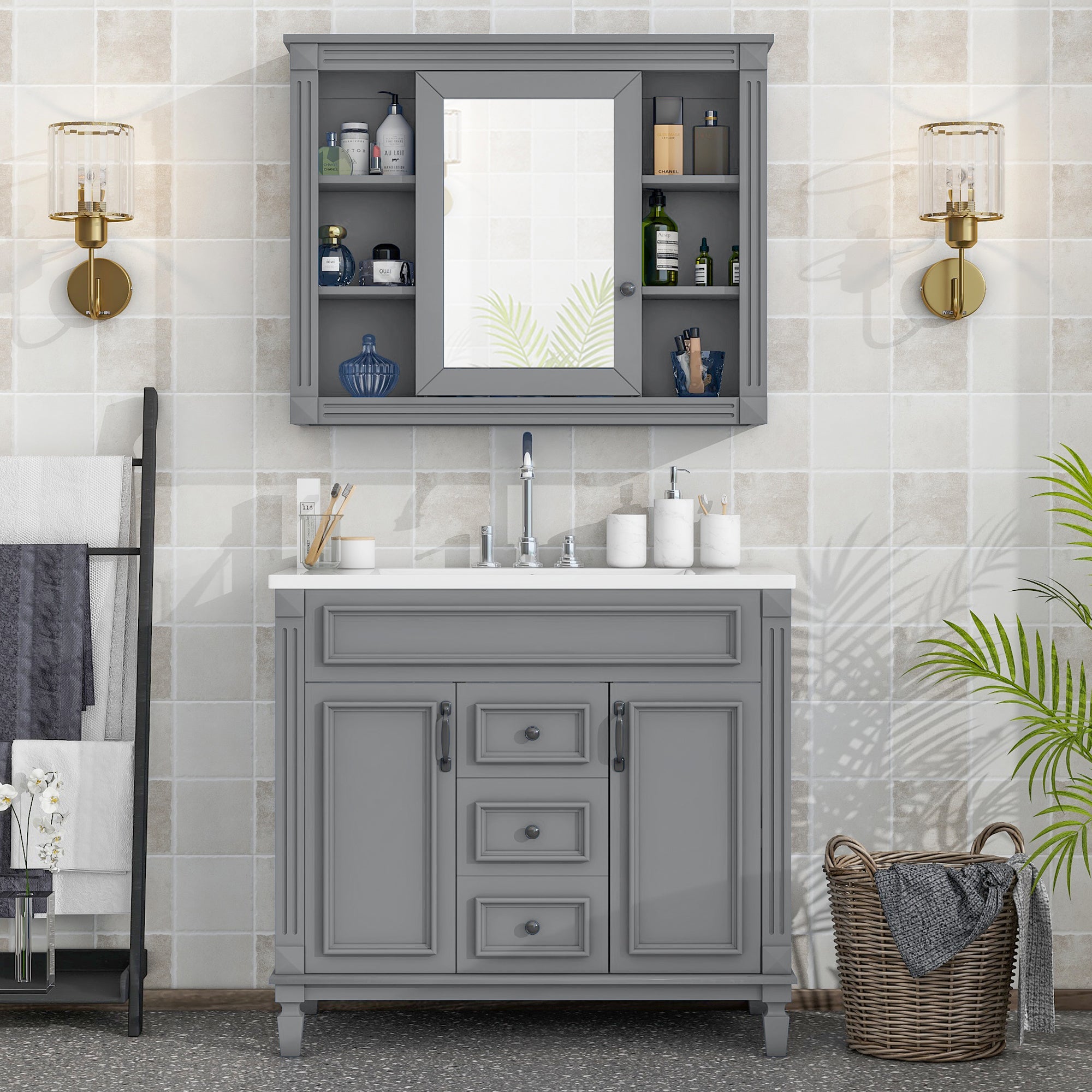 36'' Freestanding Bathroom Vanity Set in Blue with Mirror Cabinet