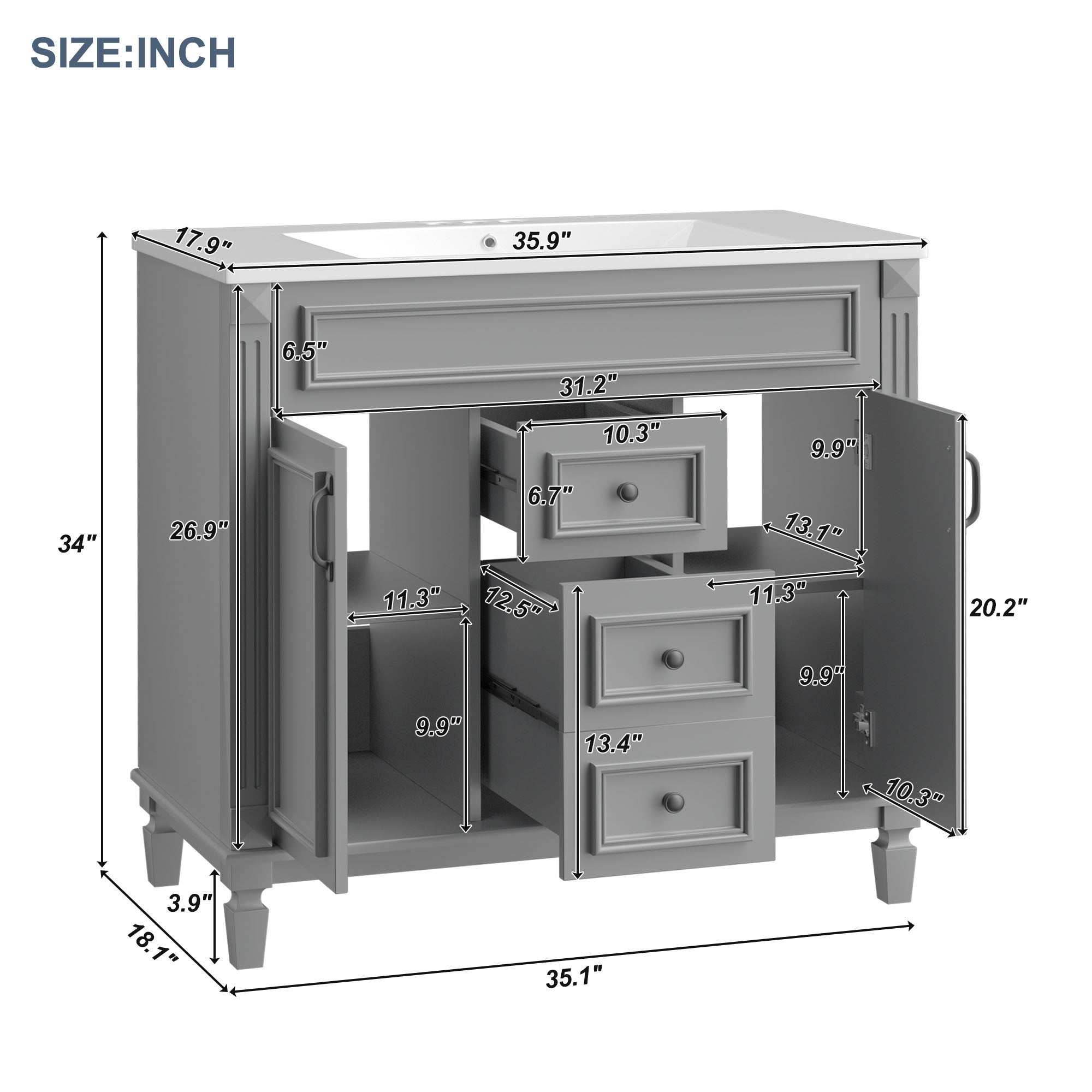 36'' Freestanding Bathroom Vanity Set in Blue with Mirror Cabinet