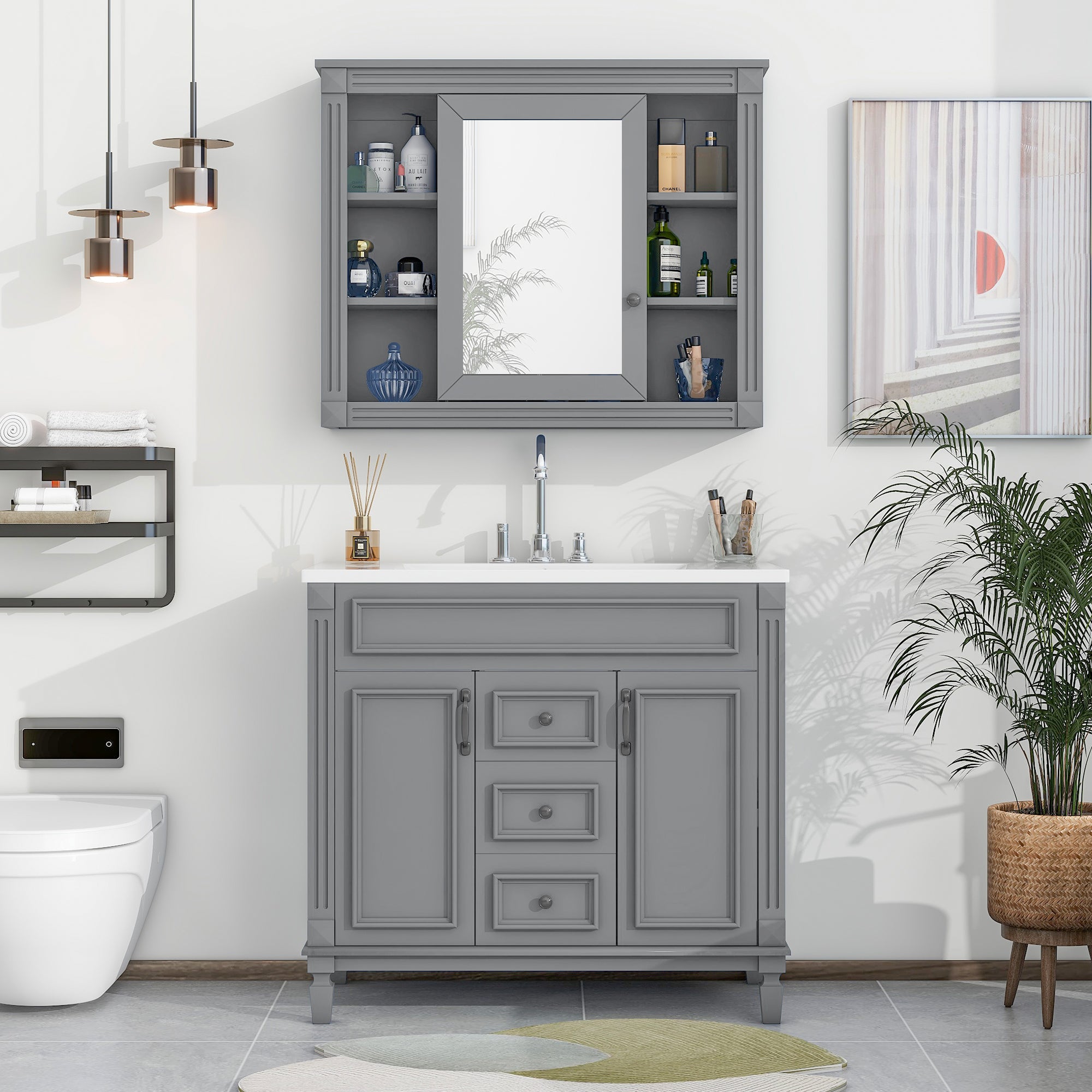 36'' Freestanding Bathroom Vanity Set in Blue with Mirror Cabinet