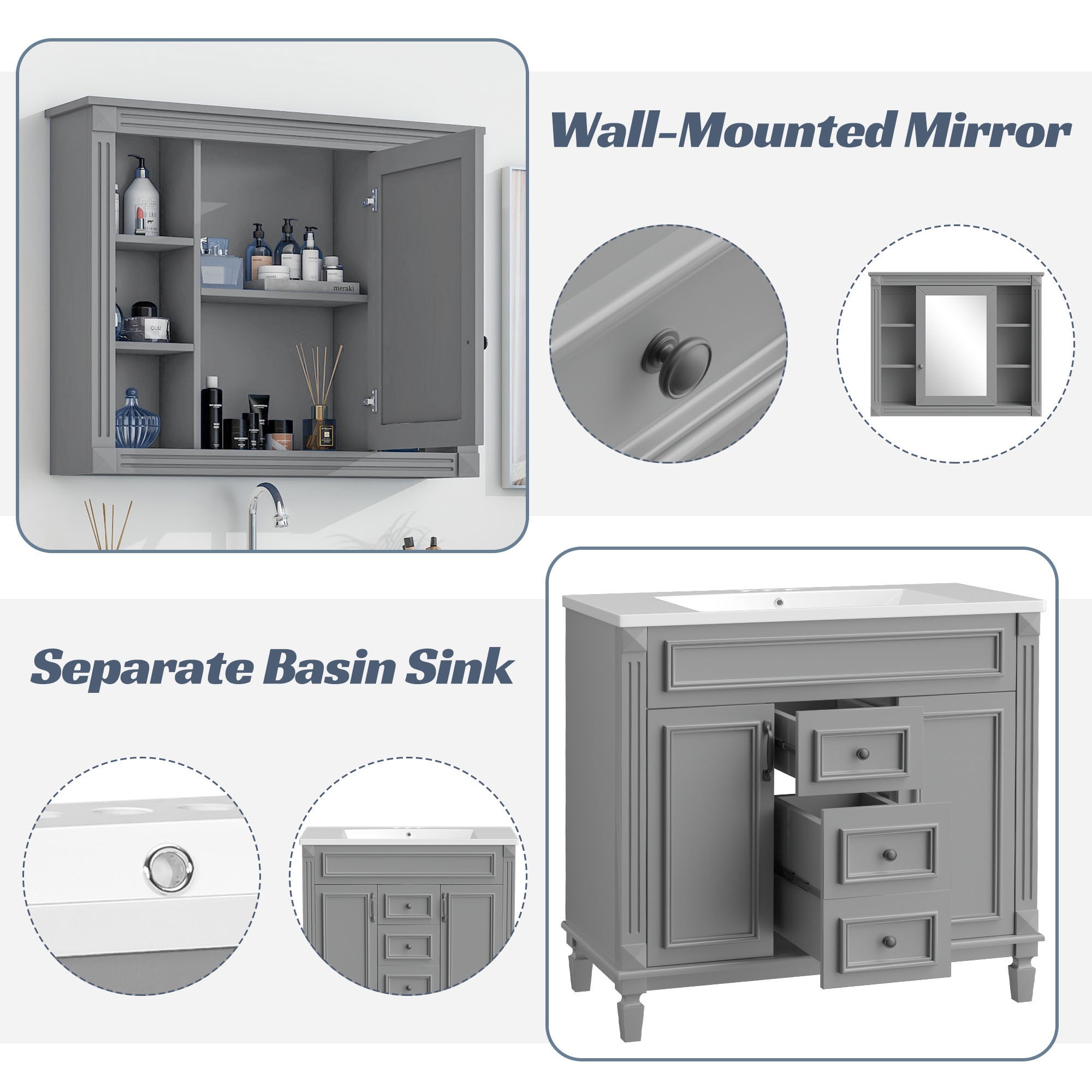 36'' Freestanding Bathroom Vanity Set in Blue with Mirror Cabinet