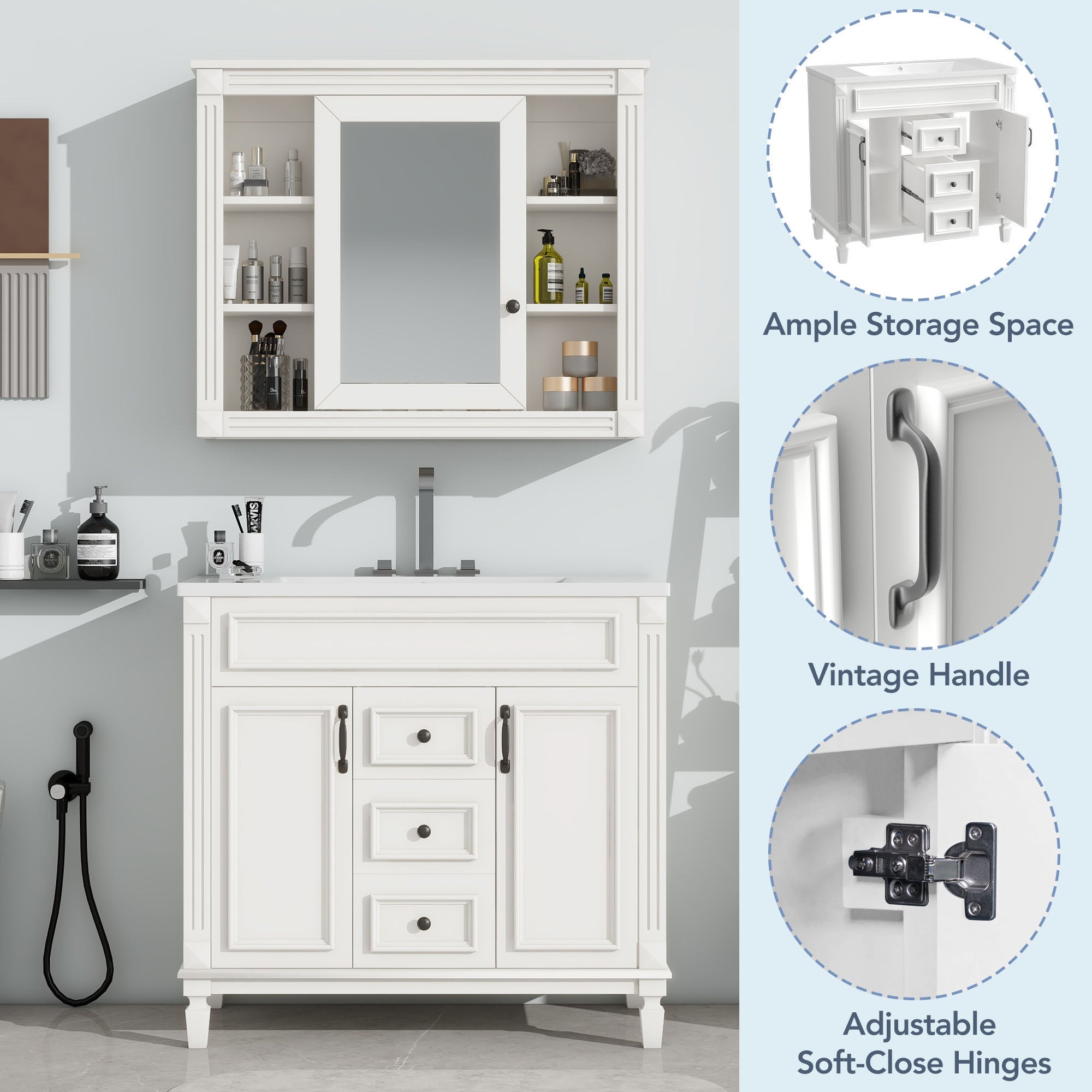 36'' Freestanding Bathroom Vanity Set in Blue with Mirror Cabinet