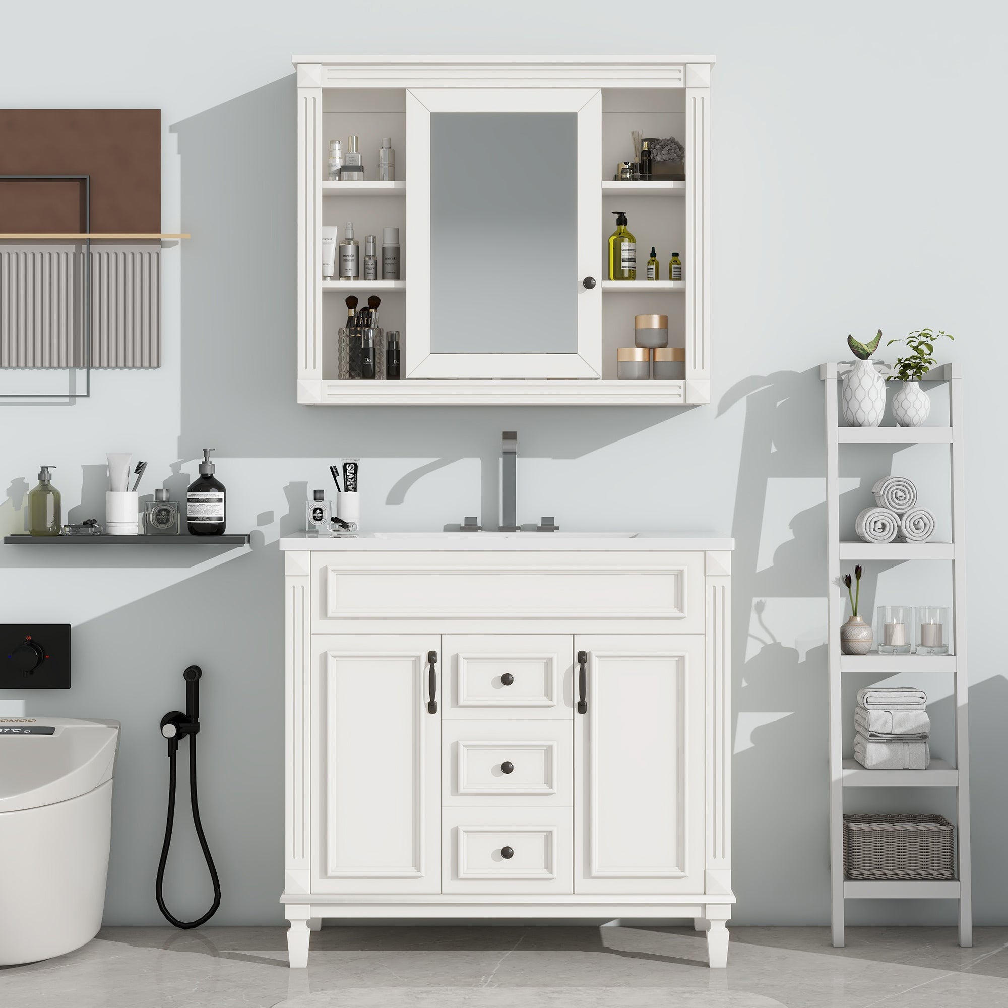 36'' Freestanding Bathroom Vanity Set in Blue with Mirror Cabinet