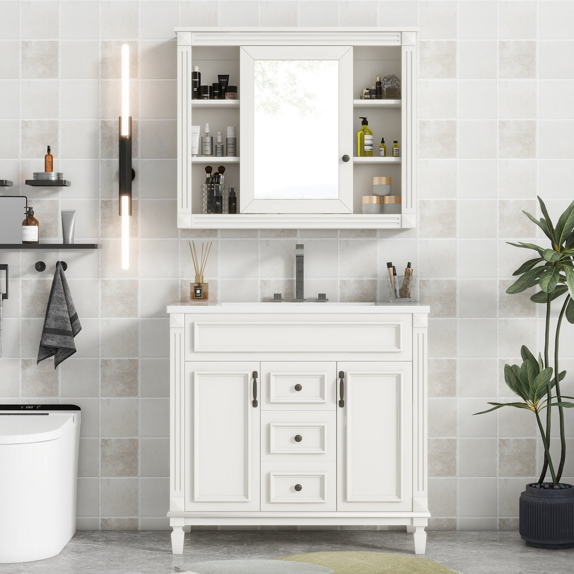 36'' Freestanding Bathroom Vanity Set in Blue with Mirror Cabinet