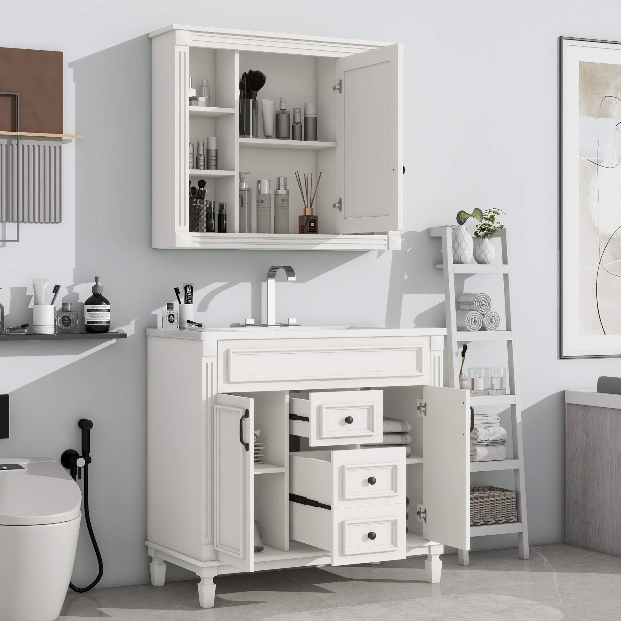 36'' Freestanding Bathroom Vanity Set in Blue with Mirror Cabinet