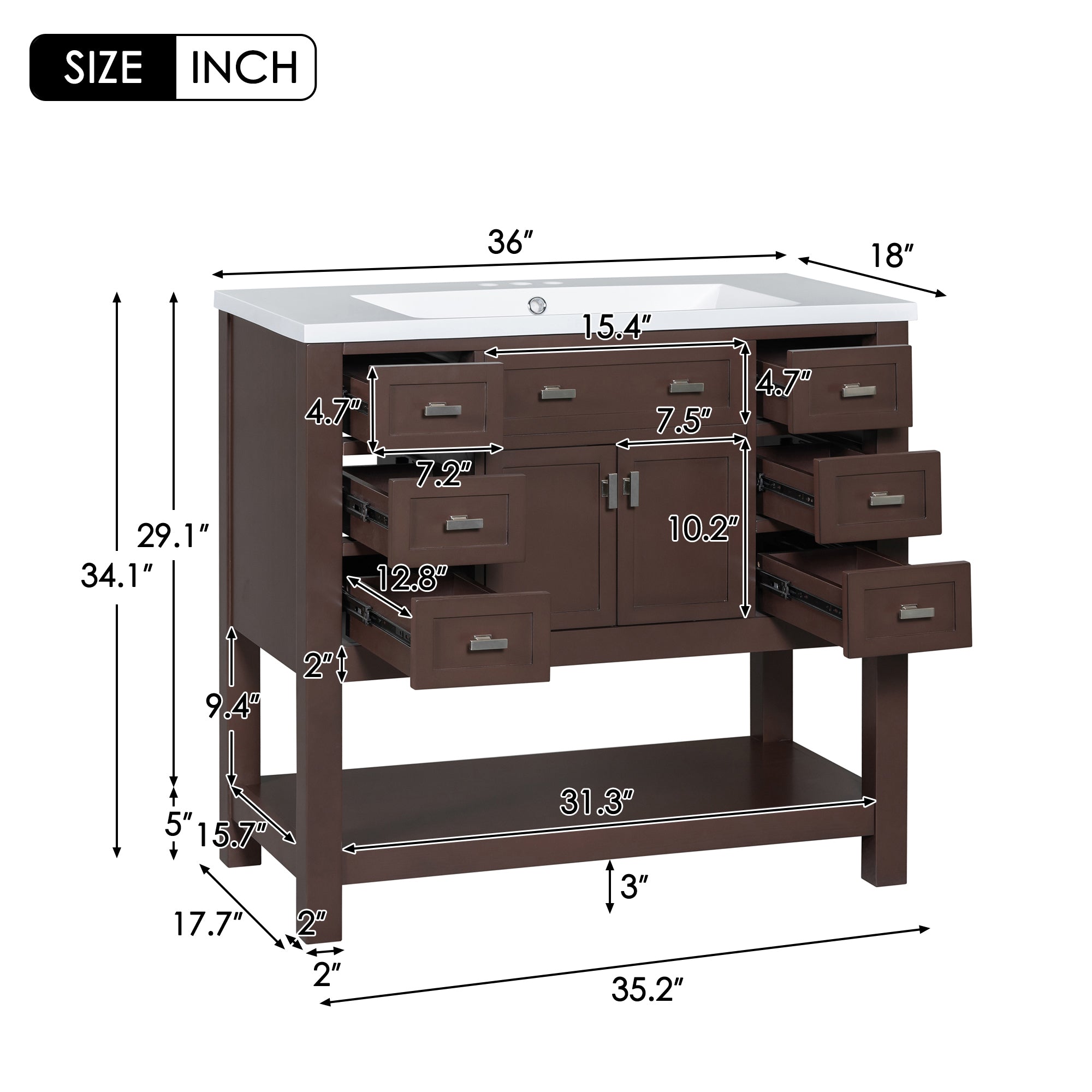 36'' Freestanding Bathroom Vanity Set with Integrated Resin Sink and Drawers