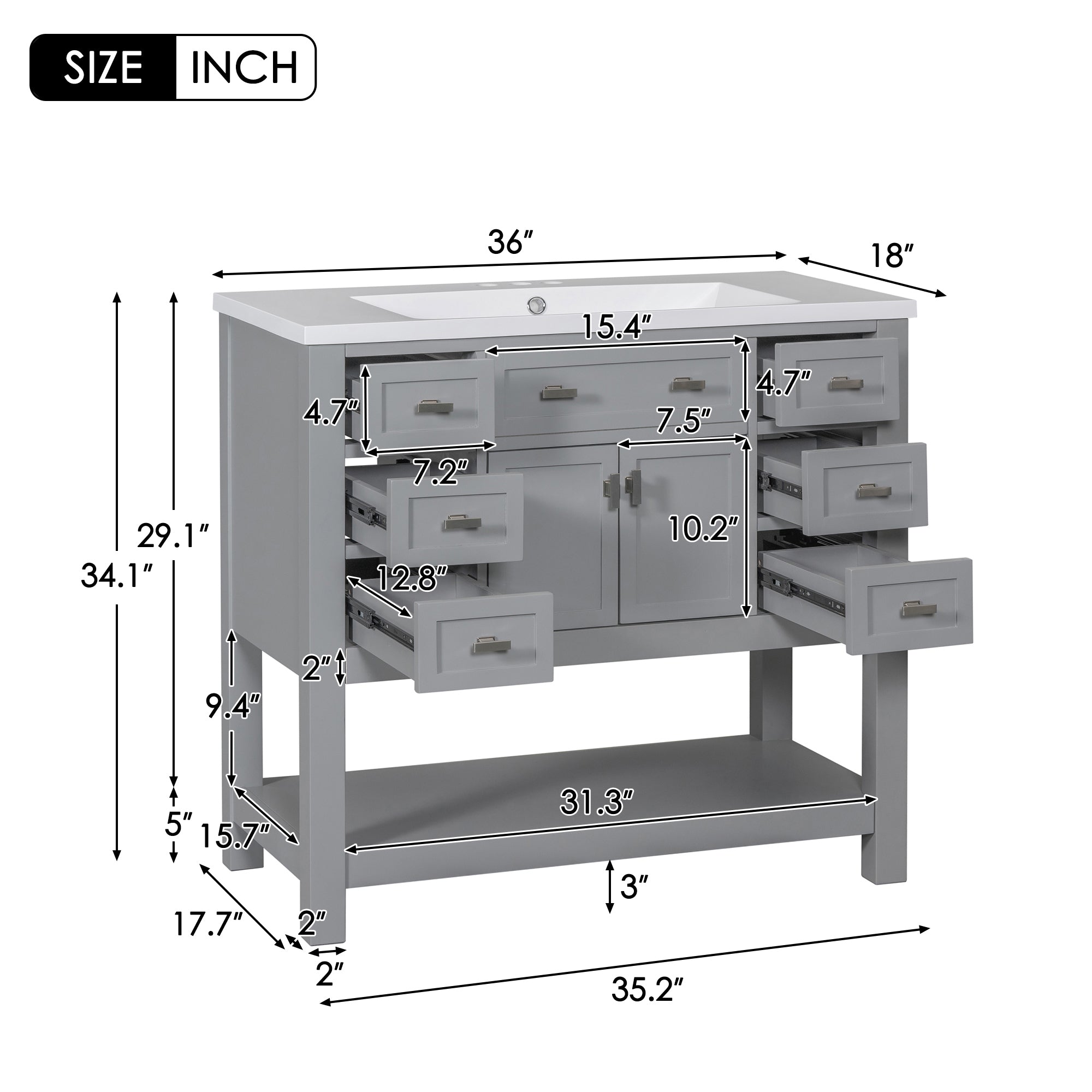 36'' Freestanding Bathroom Vanity Set with Integrated Resin Sink and Drawers