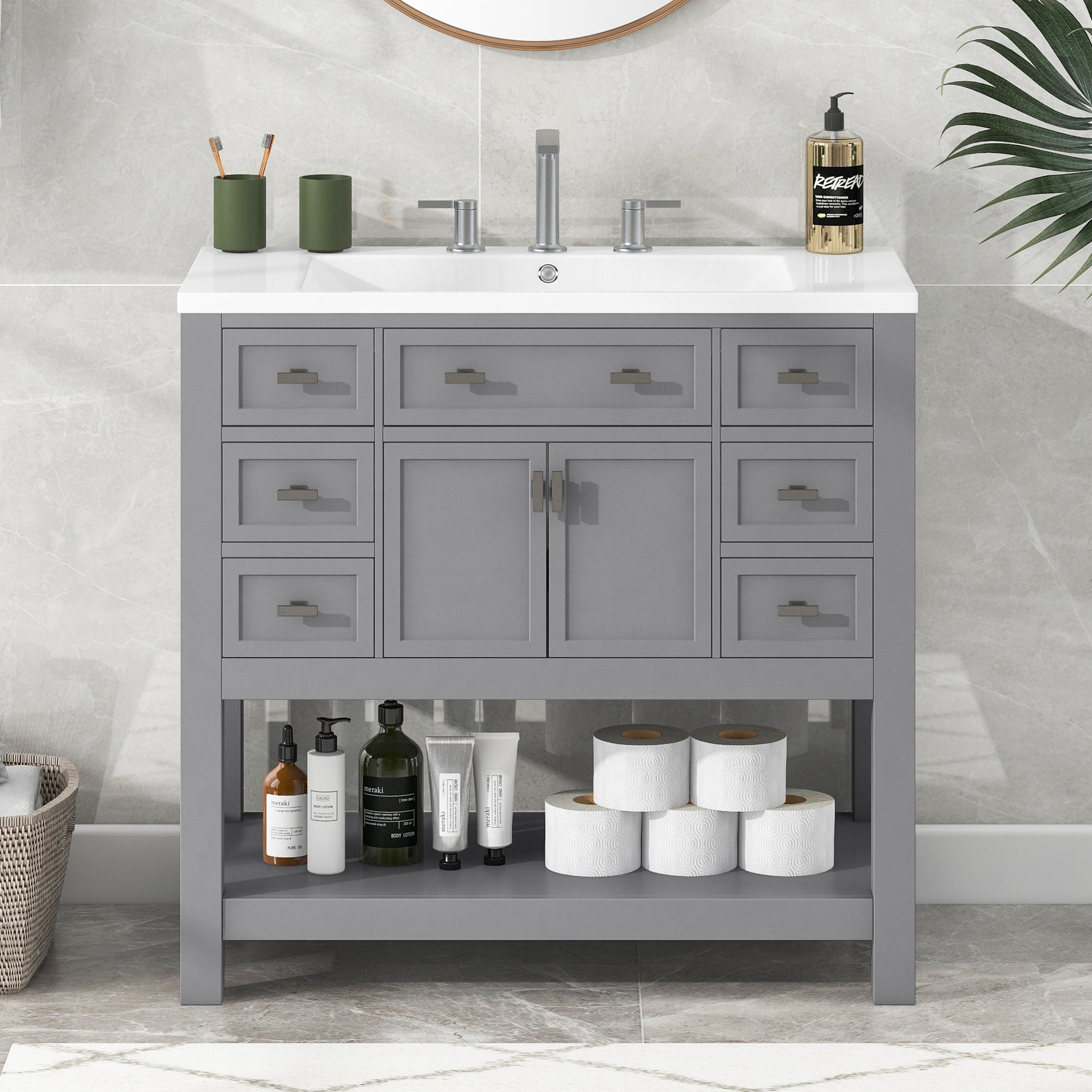 36'' Freestanding Bathroom Vanity Set with Integrated Resin Sink and Drawers
