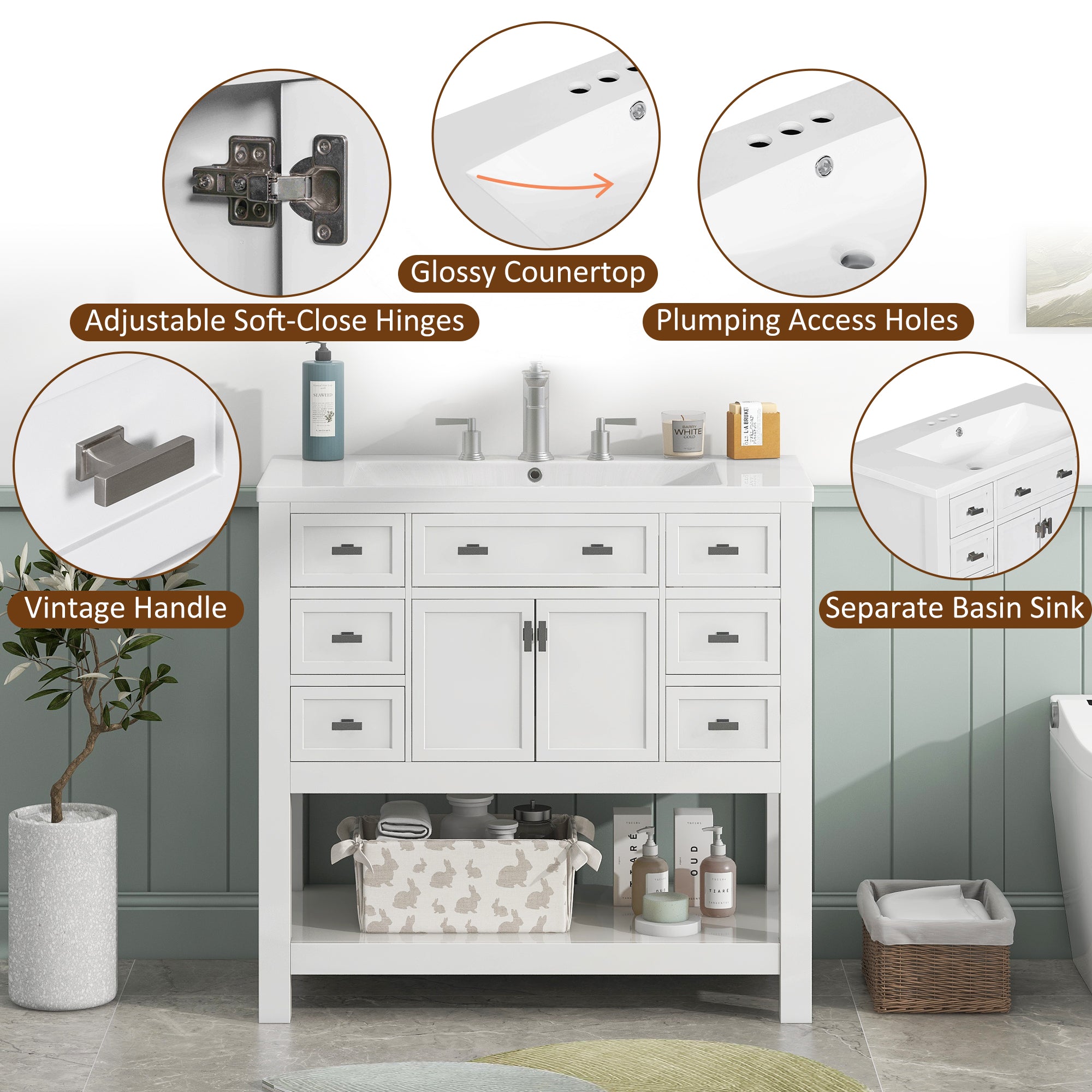 36'' Freestanding Bathroom Vanity Set with Integrated Resin Sink and Drawers