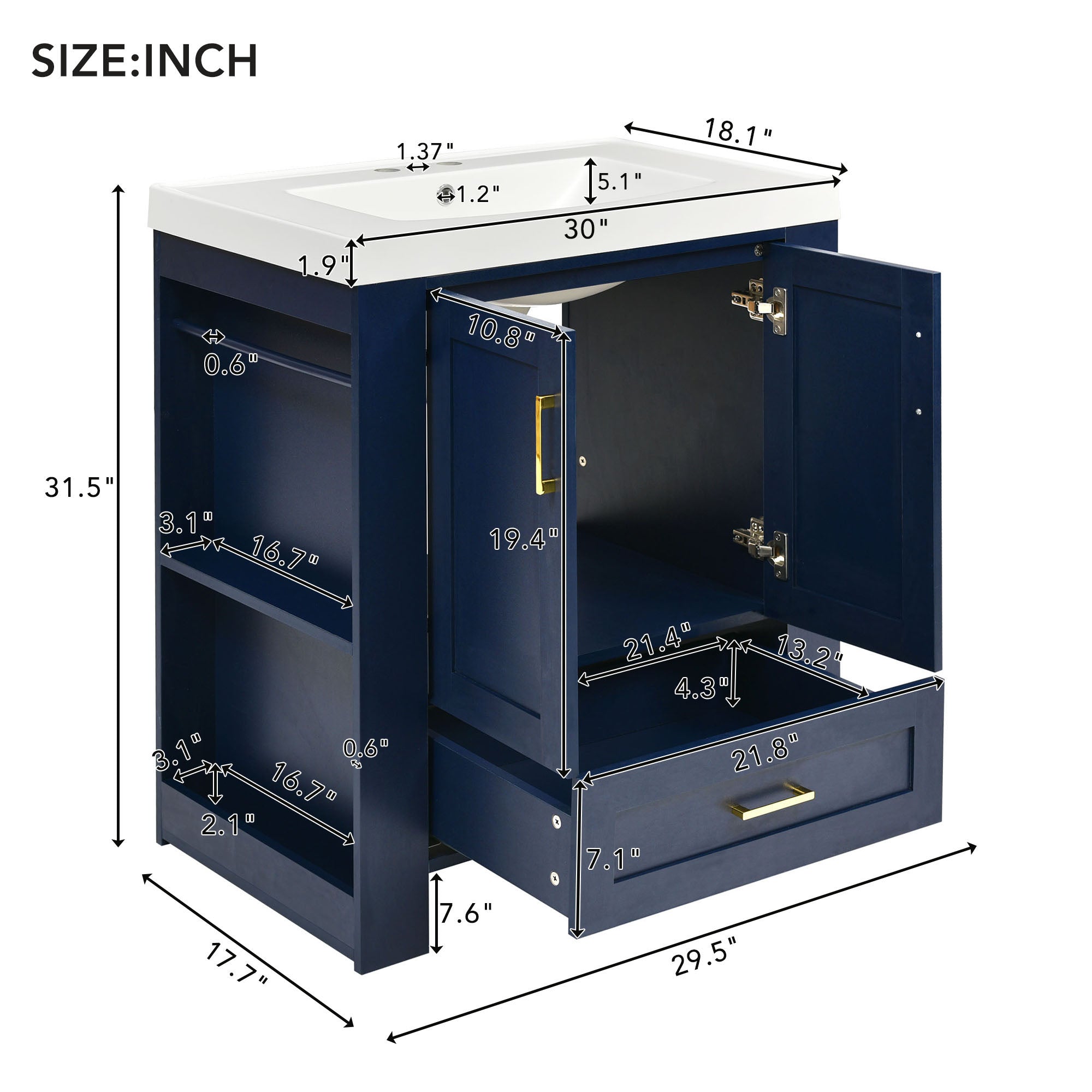 30 Inch MDF Freestanding Bathroom Vanity Set in Blue with Integrated Resin Sink