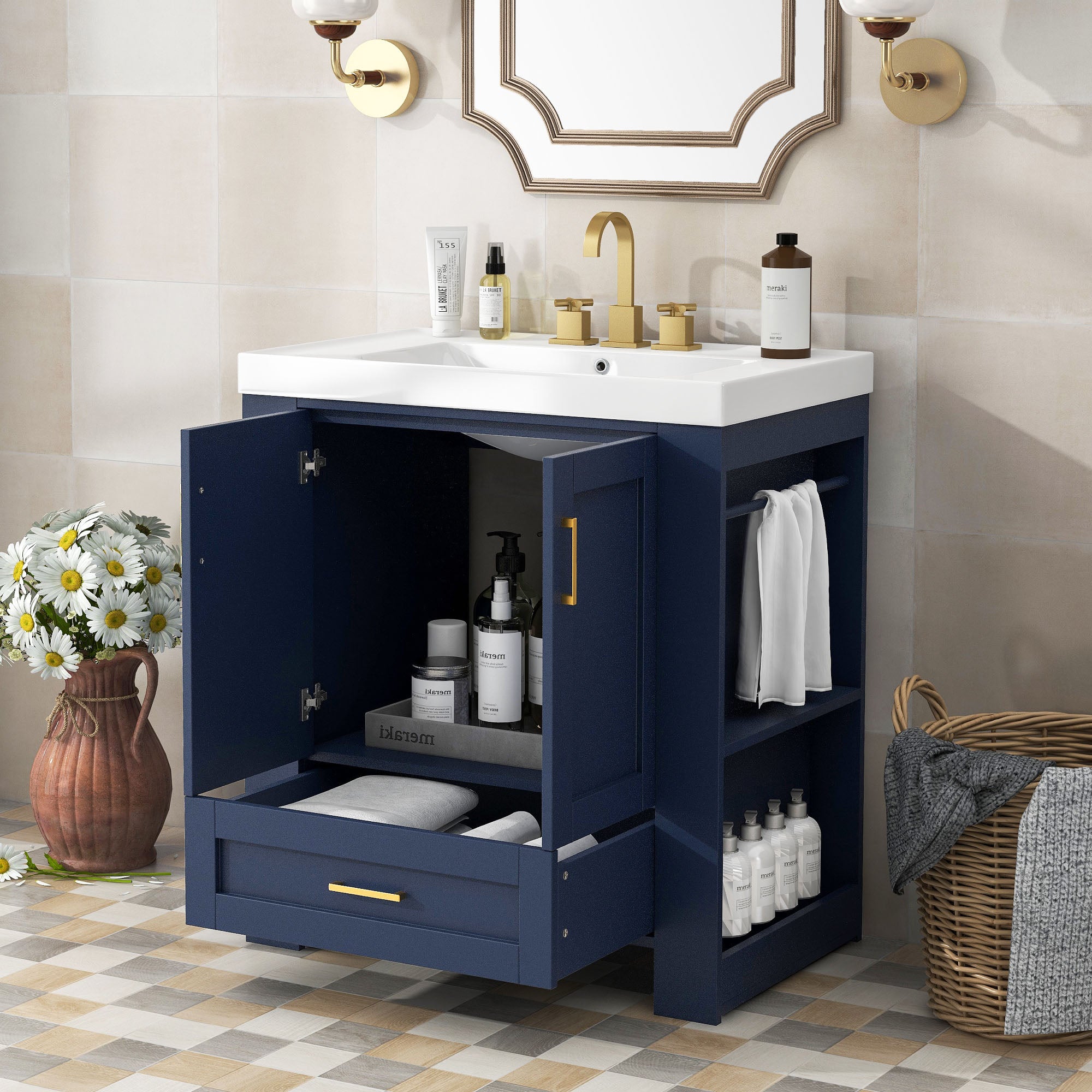 30 Inch MDF Freestanding Bathroom Vanity Set in Blue with Integrated Resin Sink