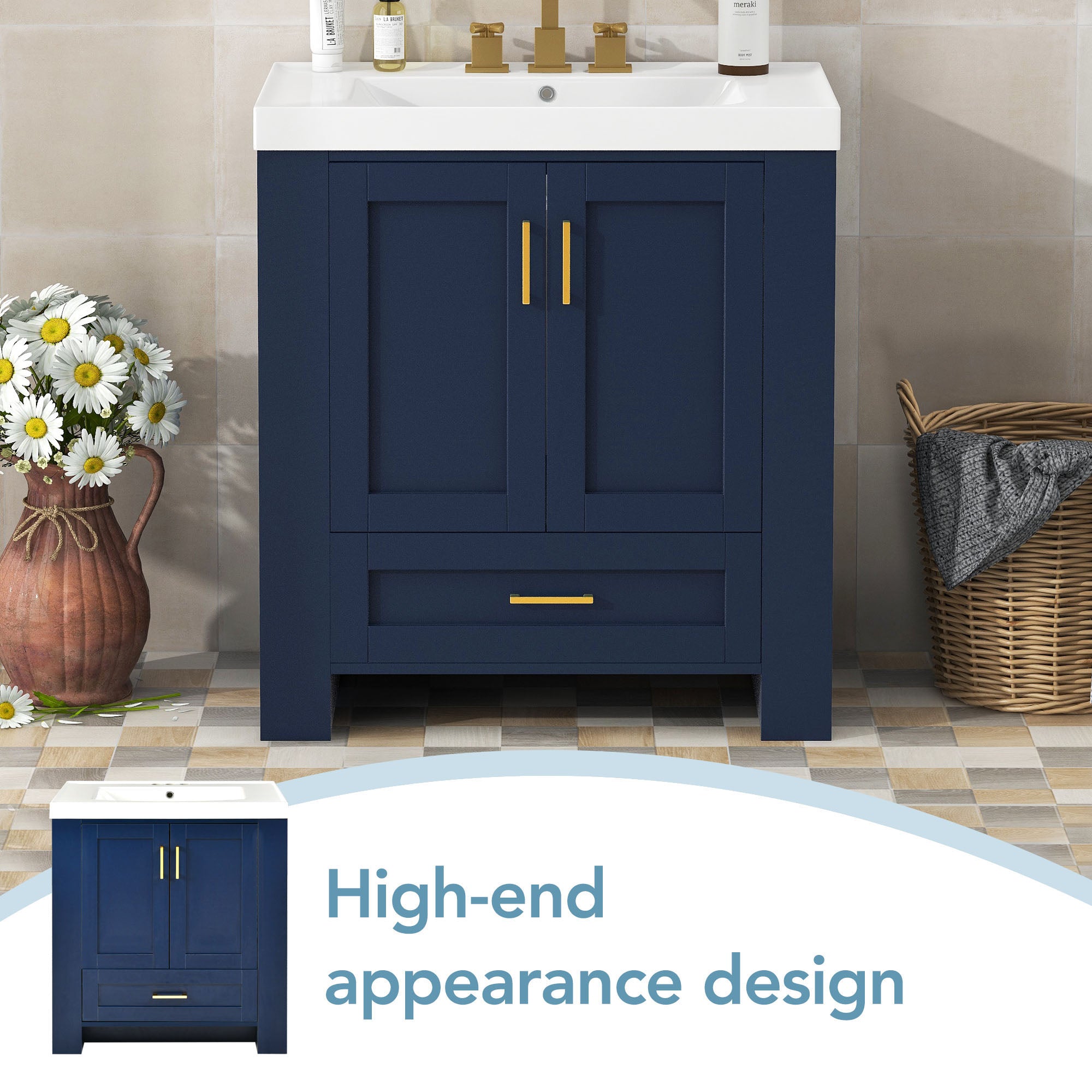 30 Inch MDF Freestanding Bathroom Vanity Set in Blue with Integrated Resin Sink