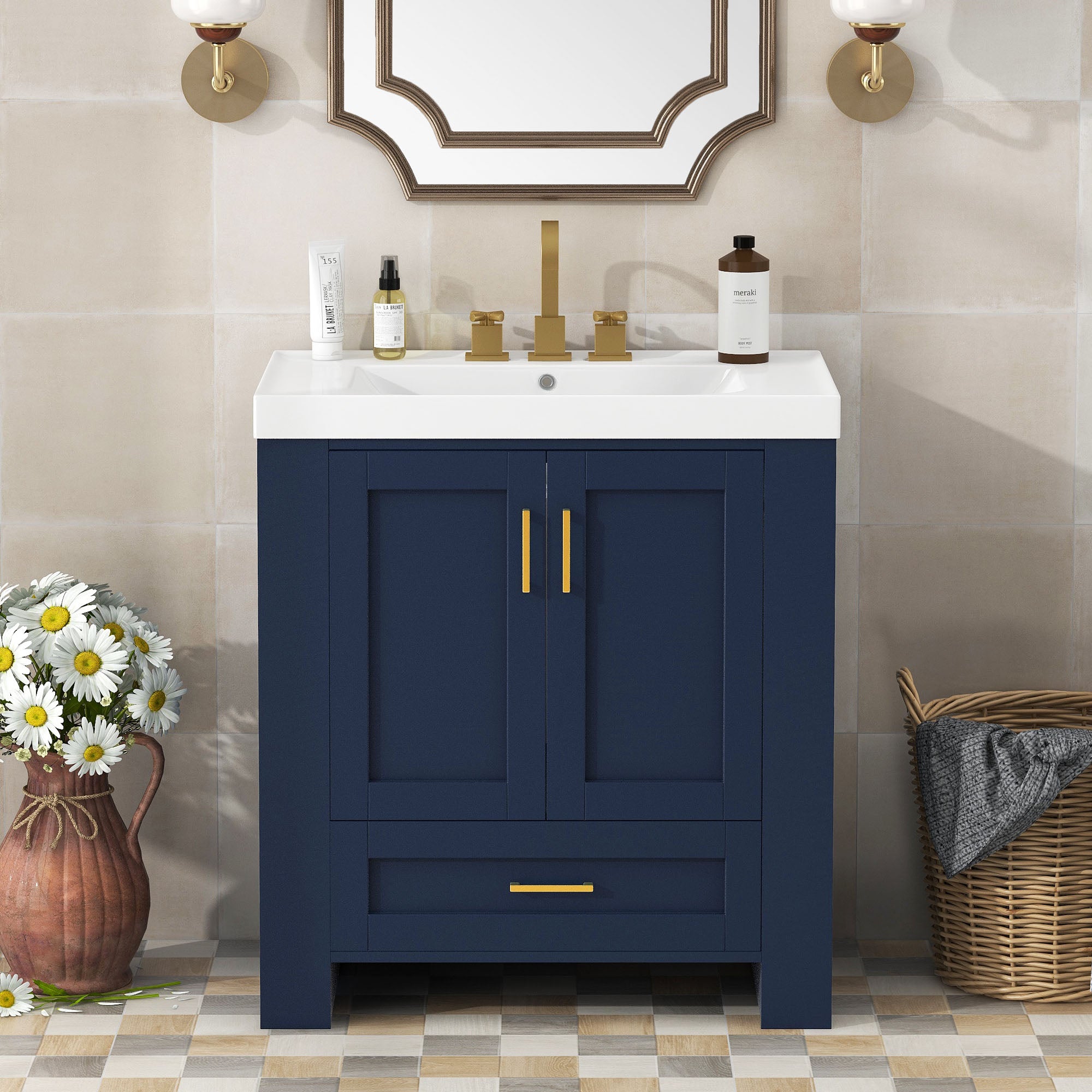 30 Inch MDF Freestanding Bathroom Vanity Set in Blue with Integrated Resin Sink
