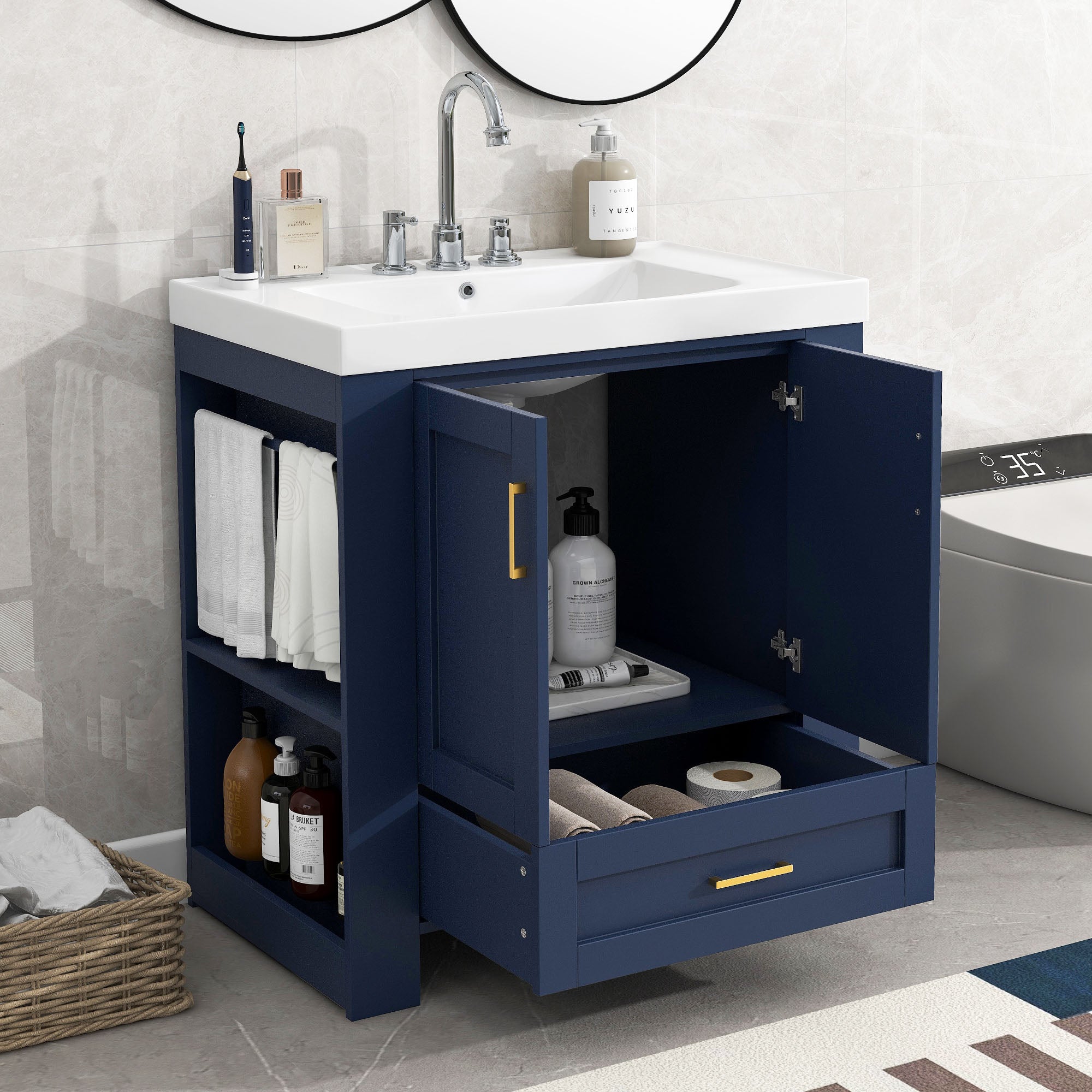 30 Inch MDF Freestanding Bathroom Vanity Set in Blue with Integrated Resin Sink