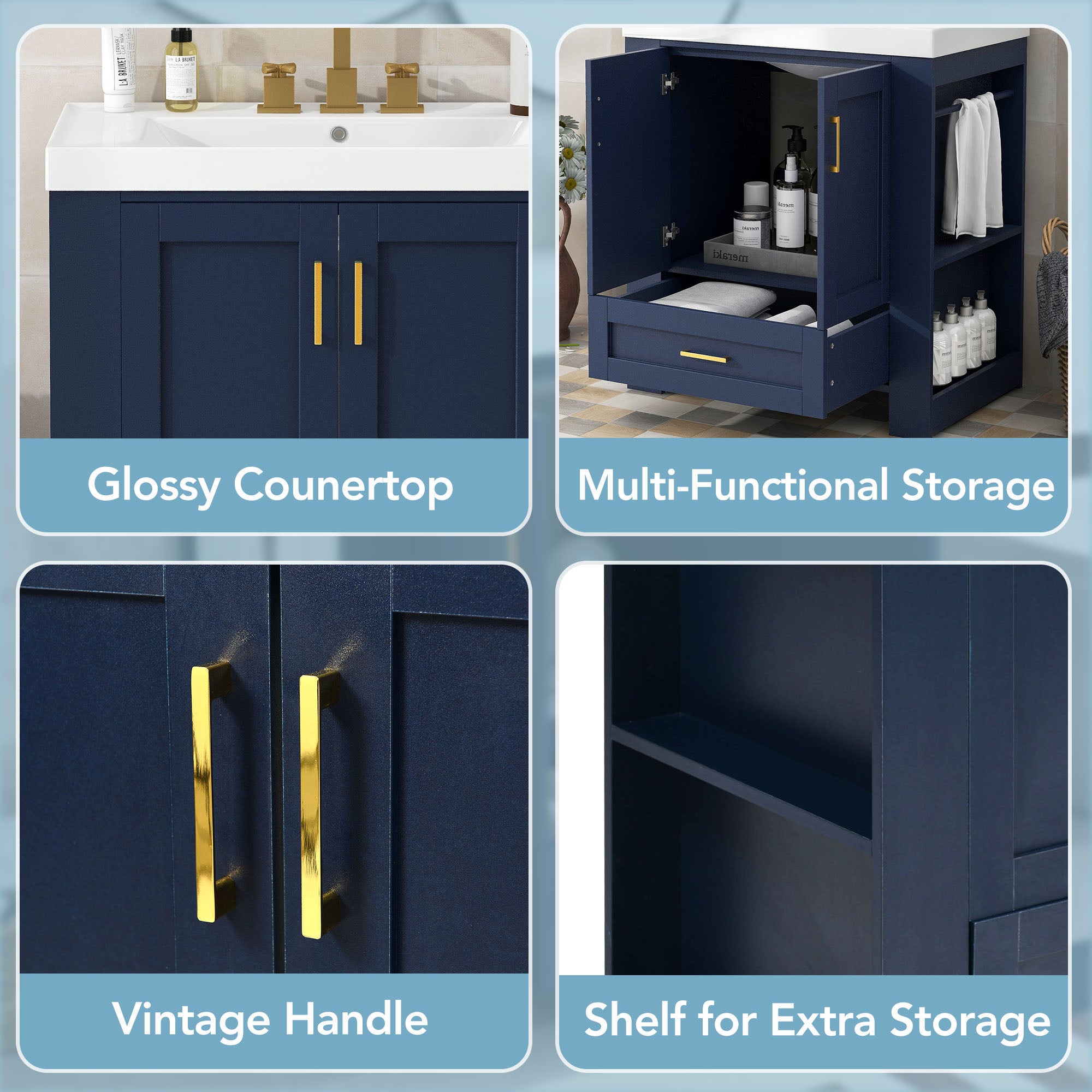 30 Inch MDF Freestanding Bathroom Vanity Set in Blue with Integrated Resin Sink