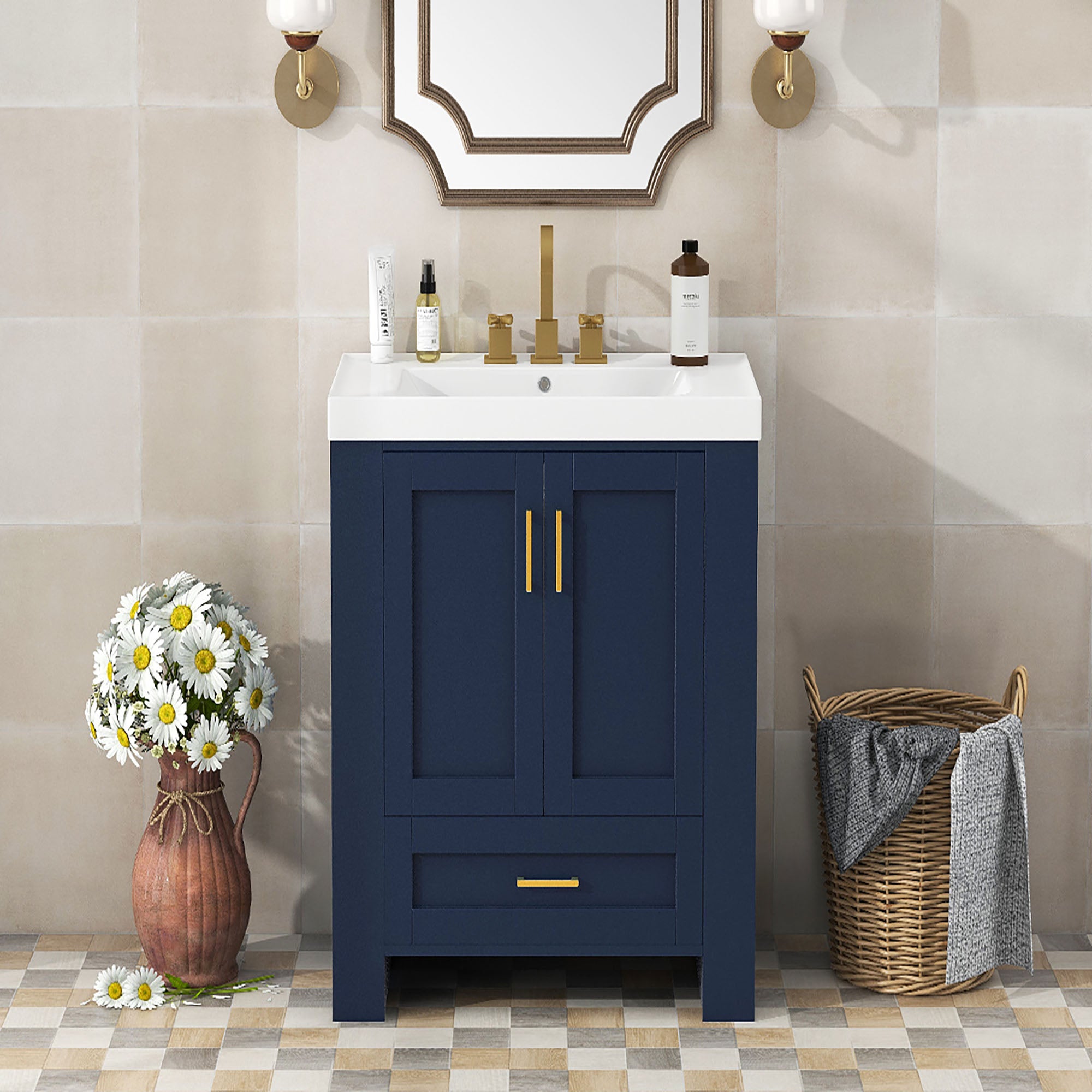 30 Inch MDF Freestanding Bathroom Vanity Set in Blue with Integrated Resin Sink