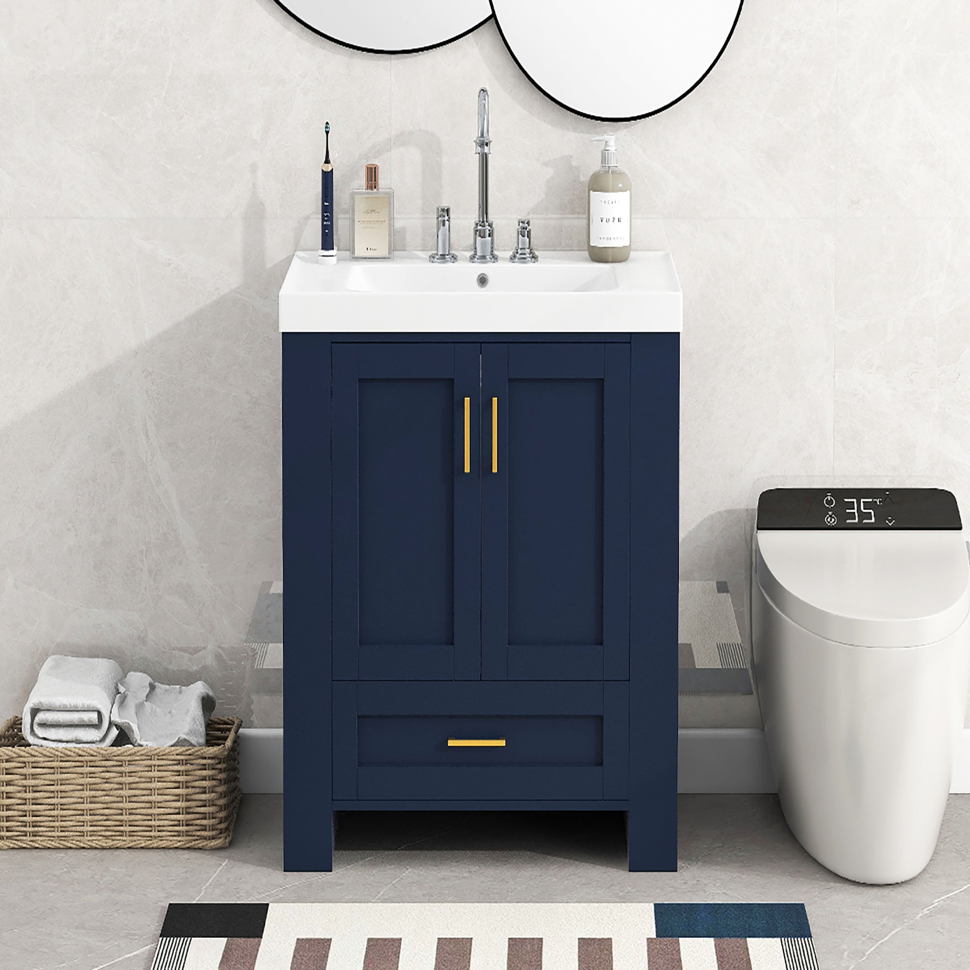 30 Inch MDF Freestanding Bathroom Vanity Set in Blue with Integrated Resin Sink