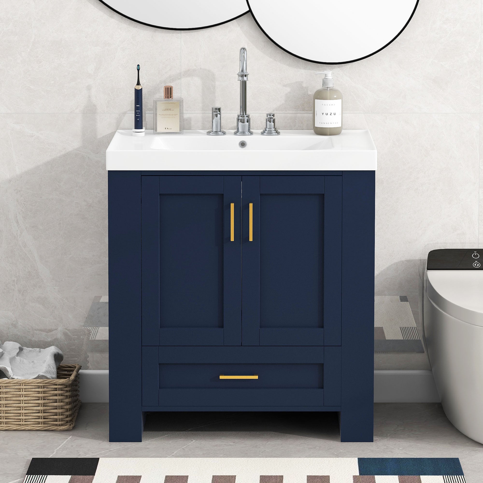 30 Inch MDF Freestanding Bathroom Vanity Set in Blue with Integrated Resin Sink