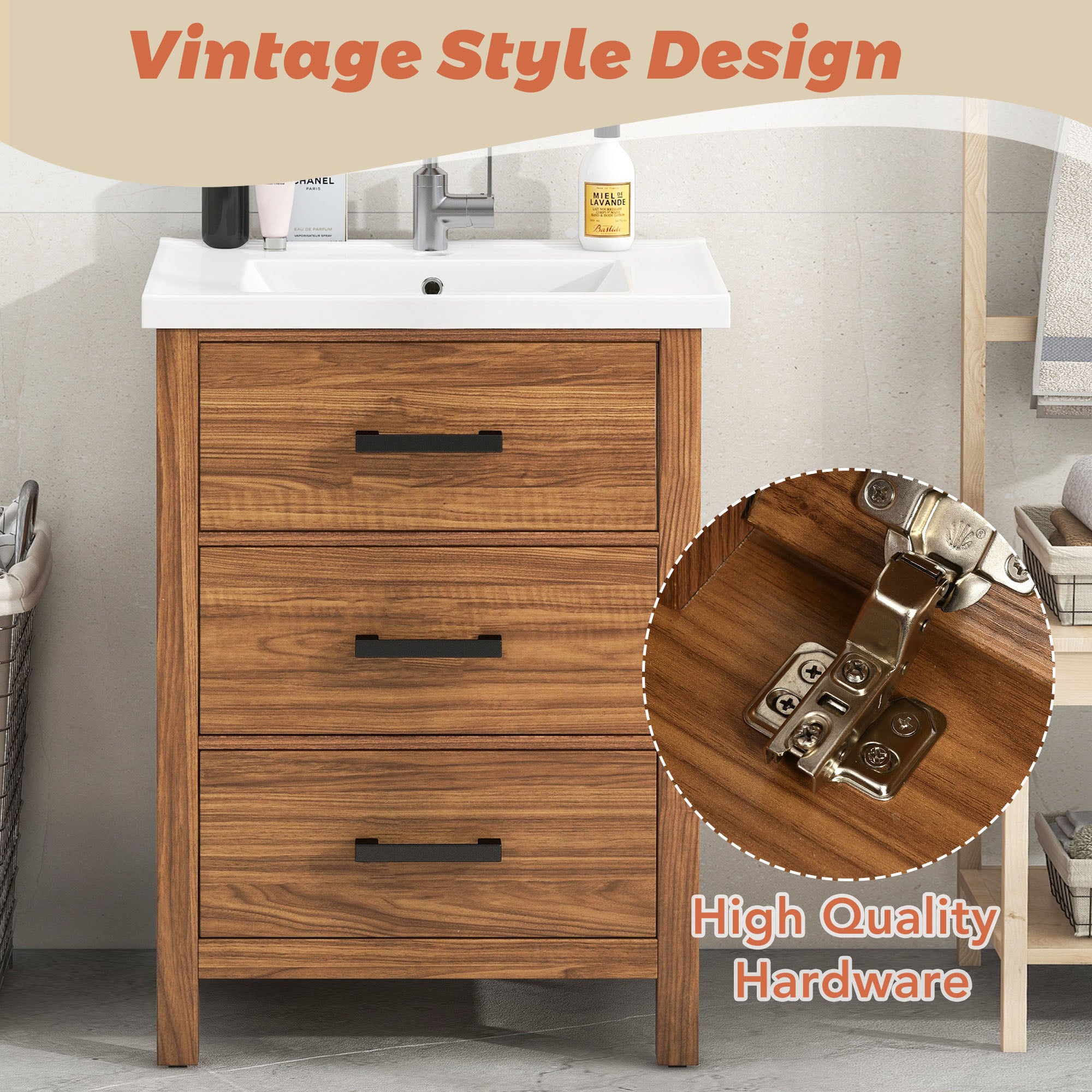24 Inch MDF Freestanding Bathroom Vanity Set with Integrated Ceramic Sink
