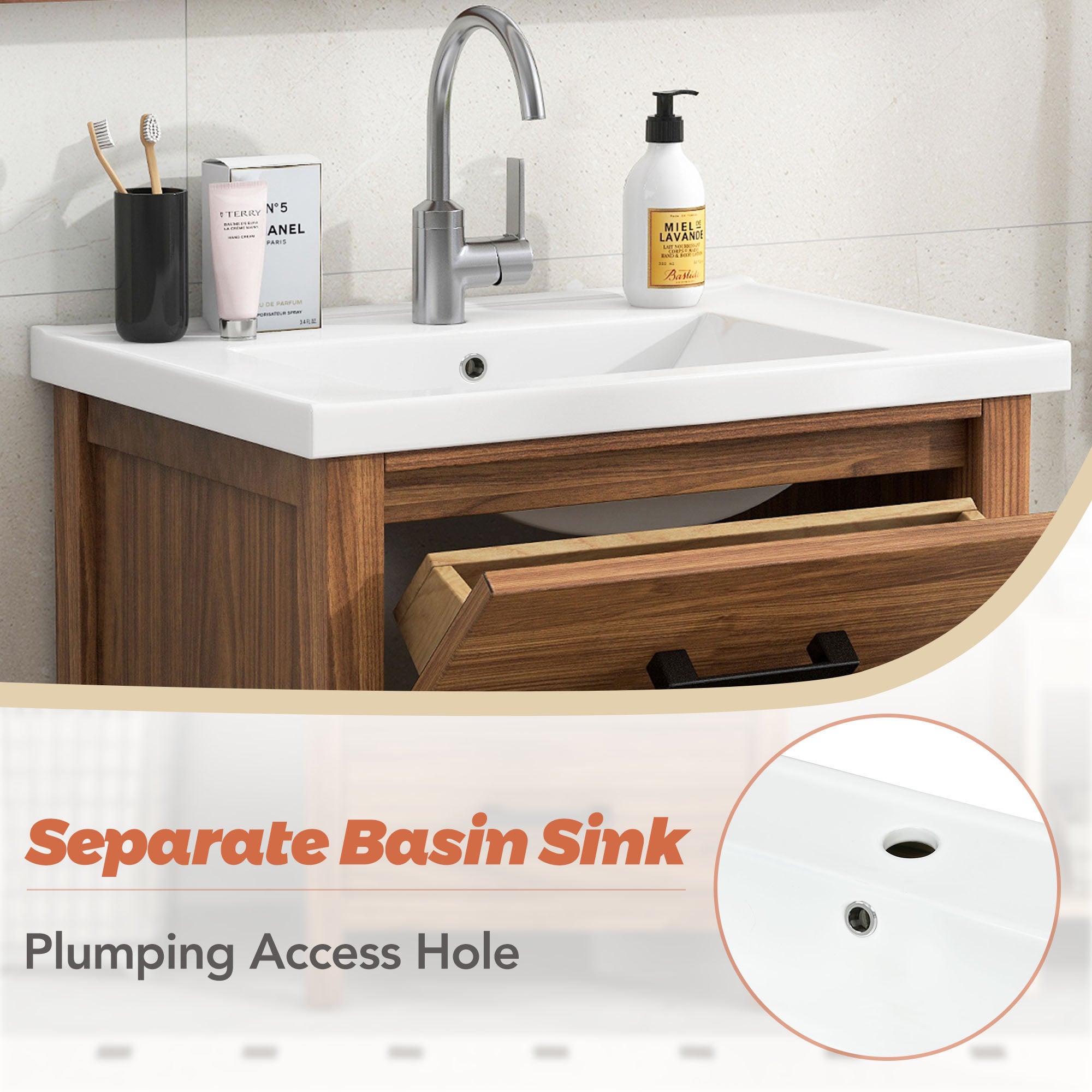 24 Inch MDF Freestanding Bathroom Vanity Set with Integrated Ceramic Sink
