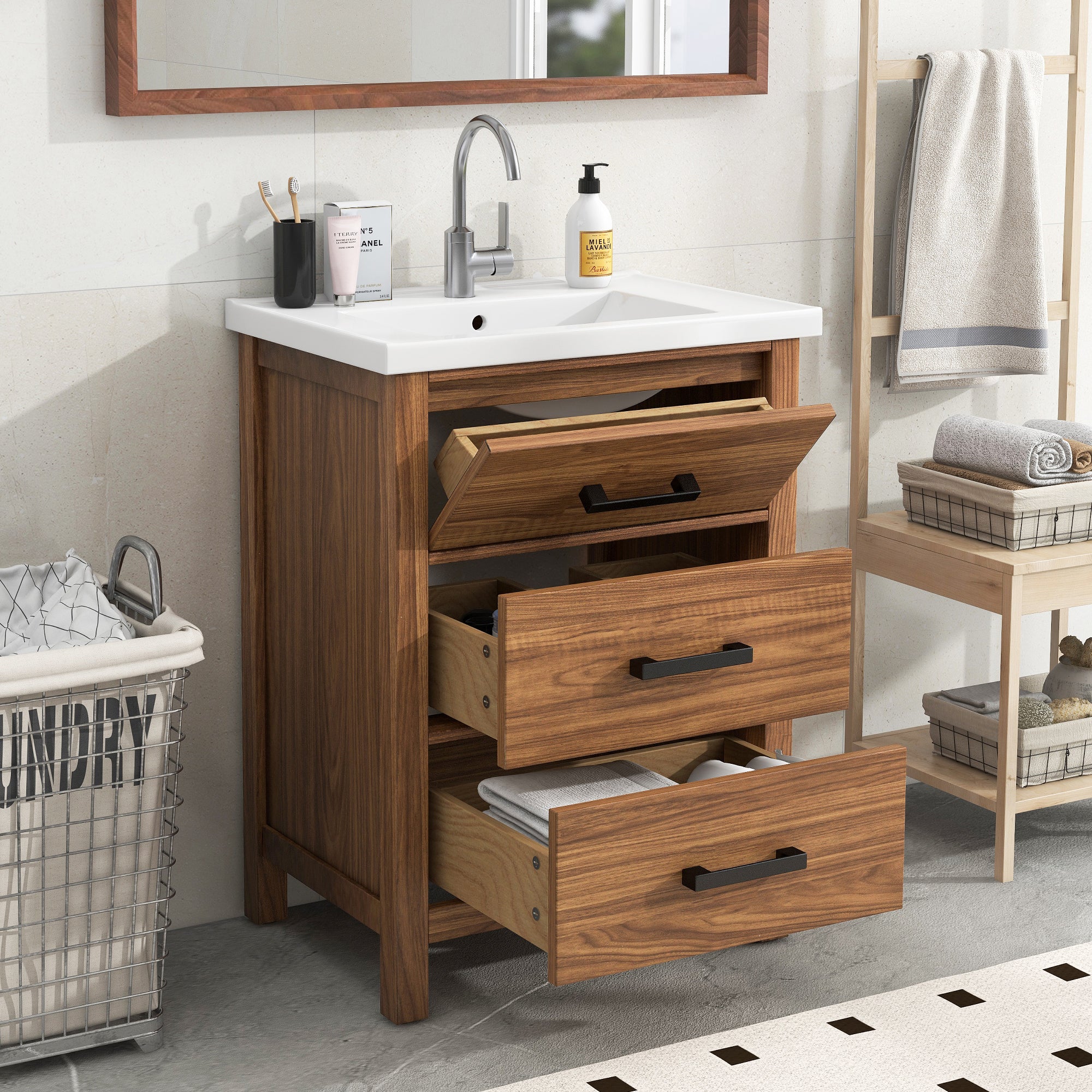 24 Inch MDF Freestanding Bathroom Vanity Set with Integrated Ceramic Sink