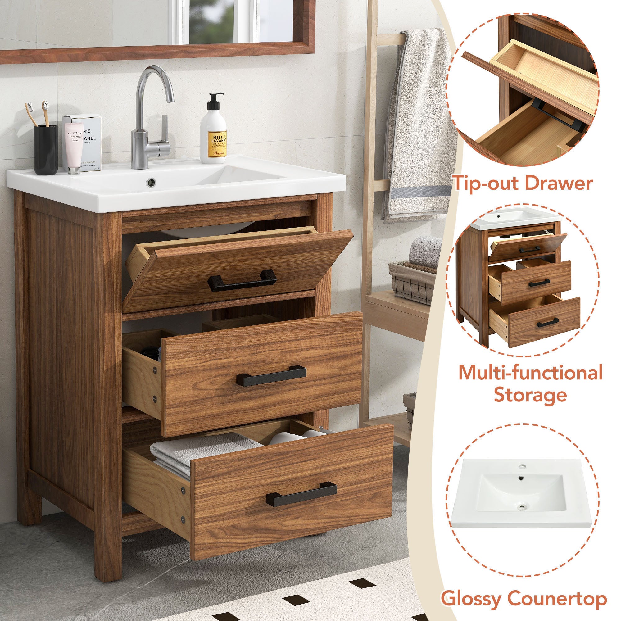 24 Inch MDF Freestanding Bathroom Vanity Set with Integrated Ceramic Sink