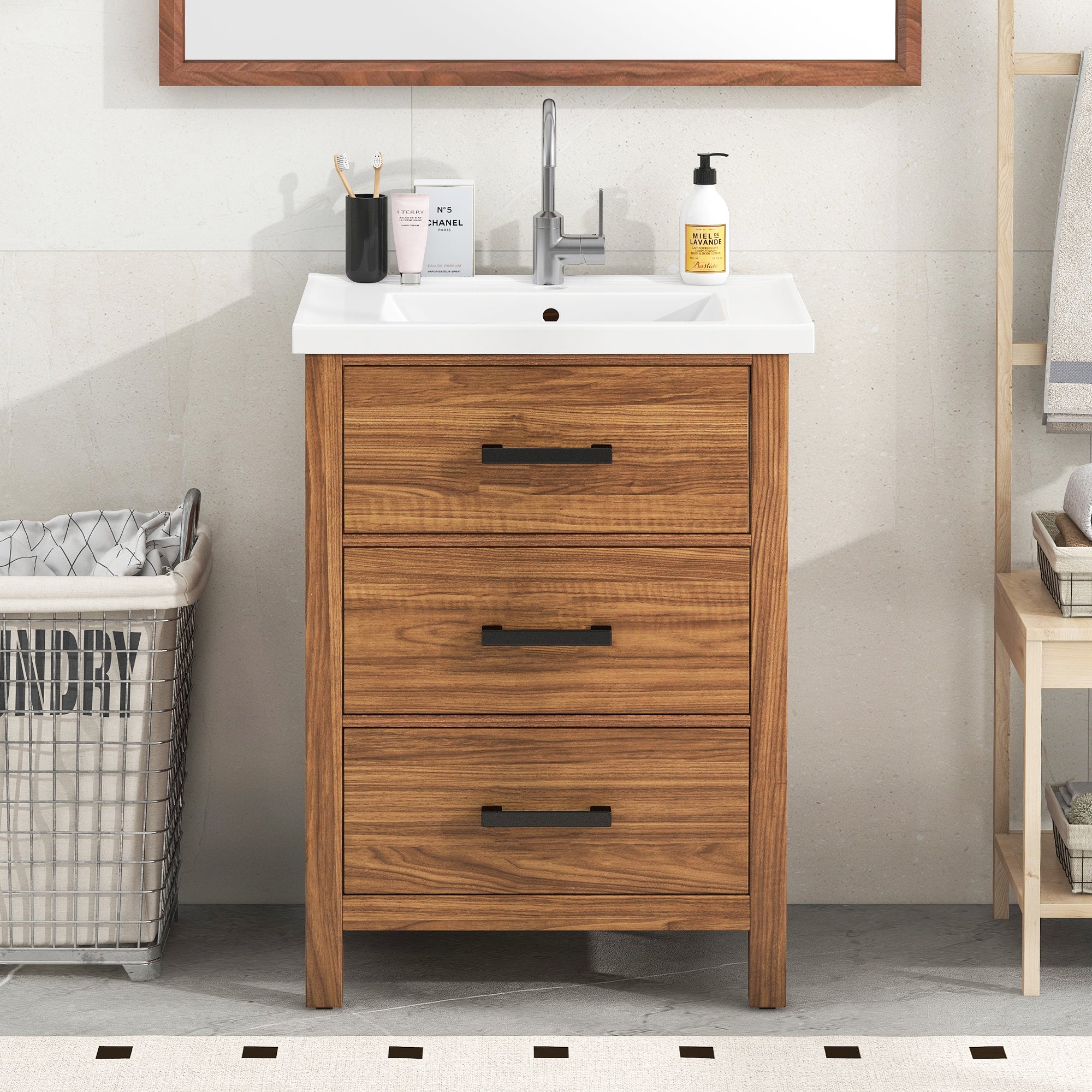 24 Inch MDF Freestanding Bathroom Vanity Set with Integrated Ceramic Sink