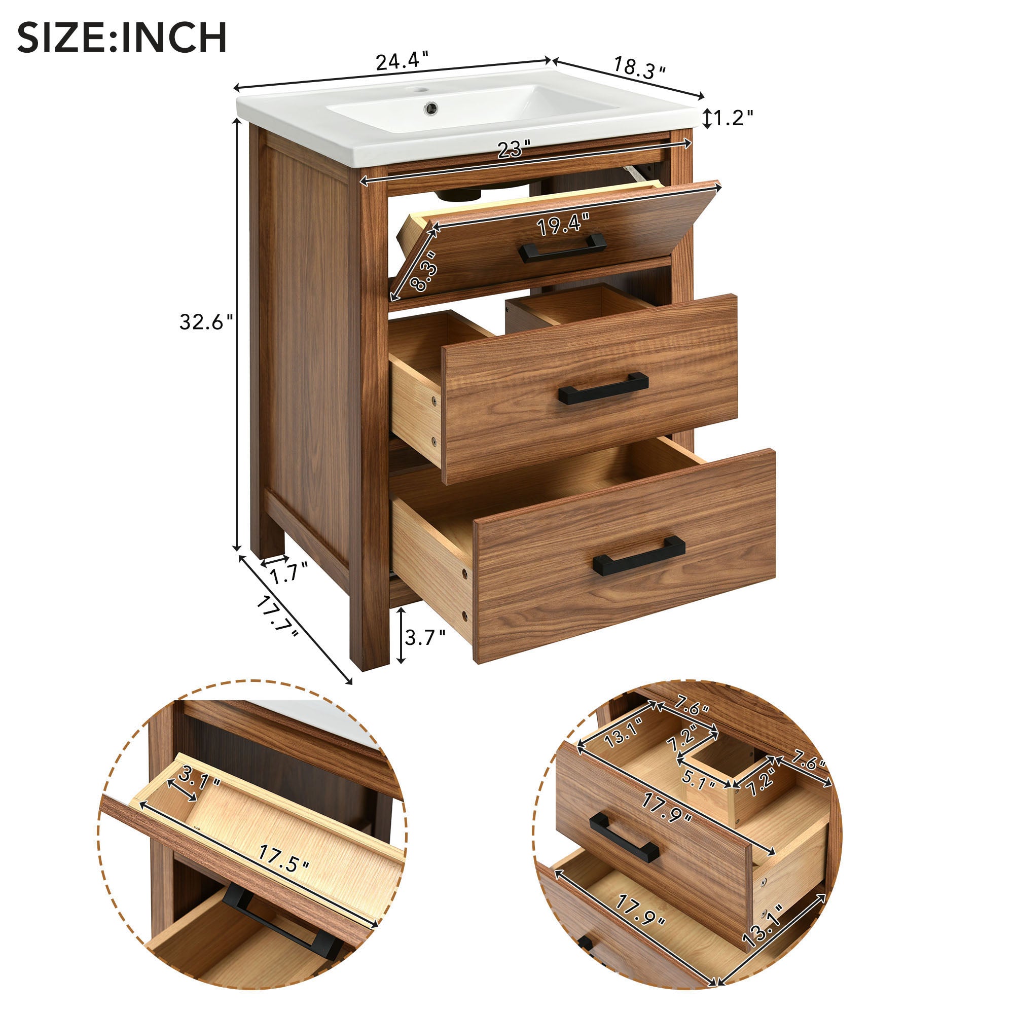 24 Inch MDF Freestanding Bathroom Vanity Set with Integrated Ceramic Sink