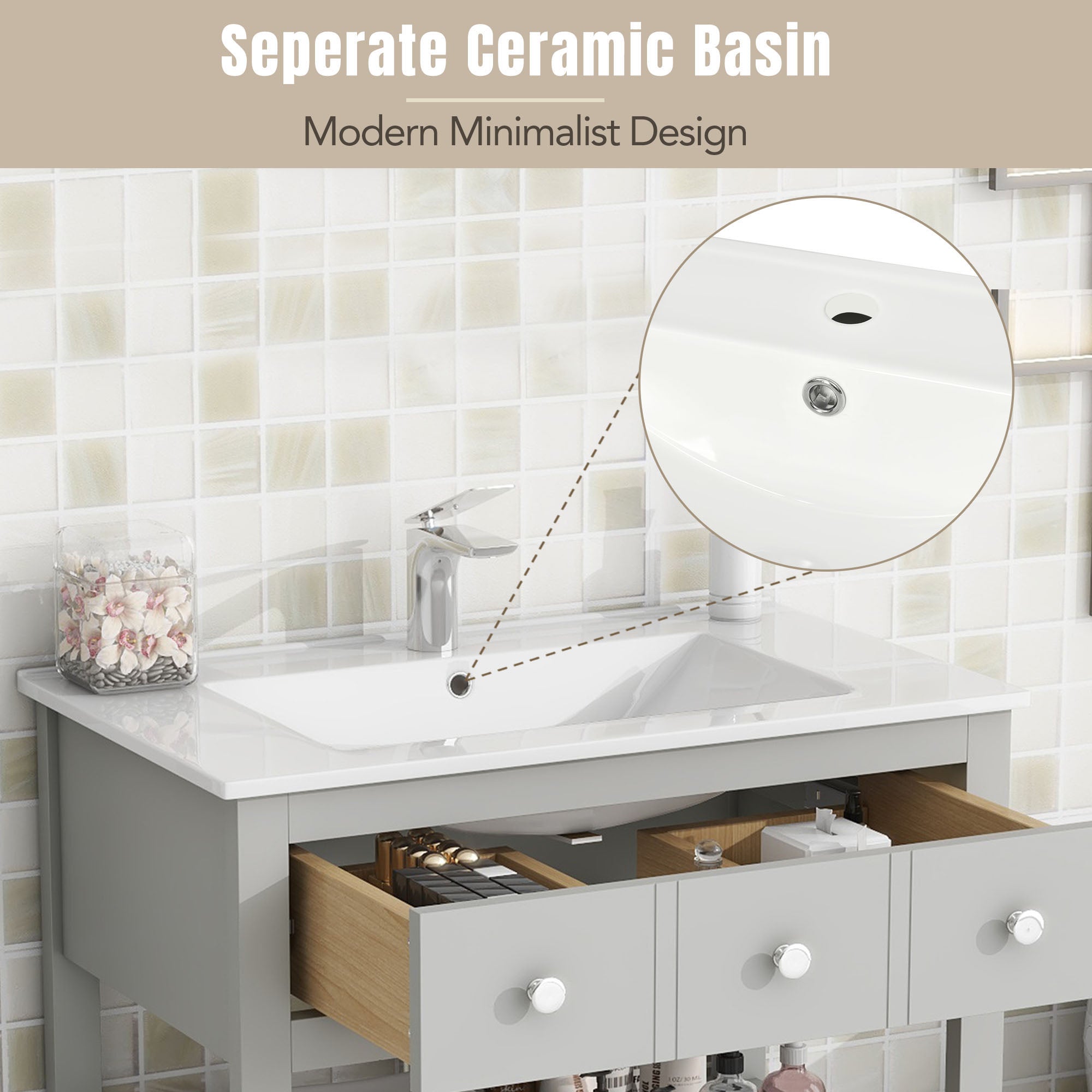 30 Inch MDF Freestanding Bathroom Vanity Set with Integrated Ceramic Sink