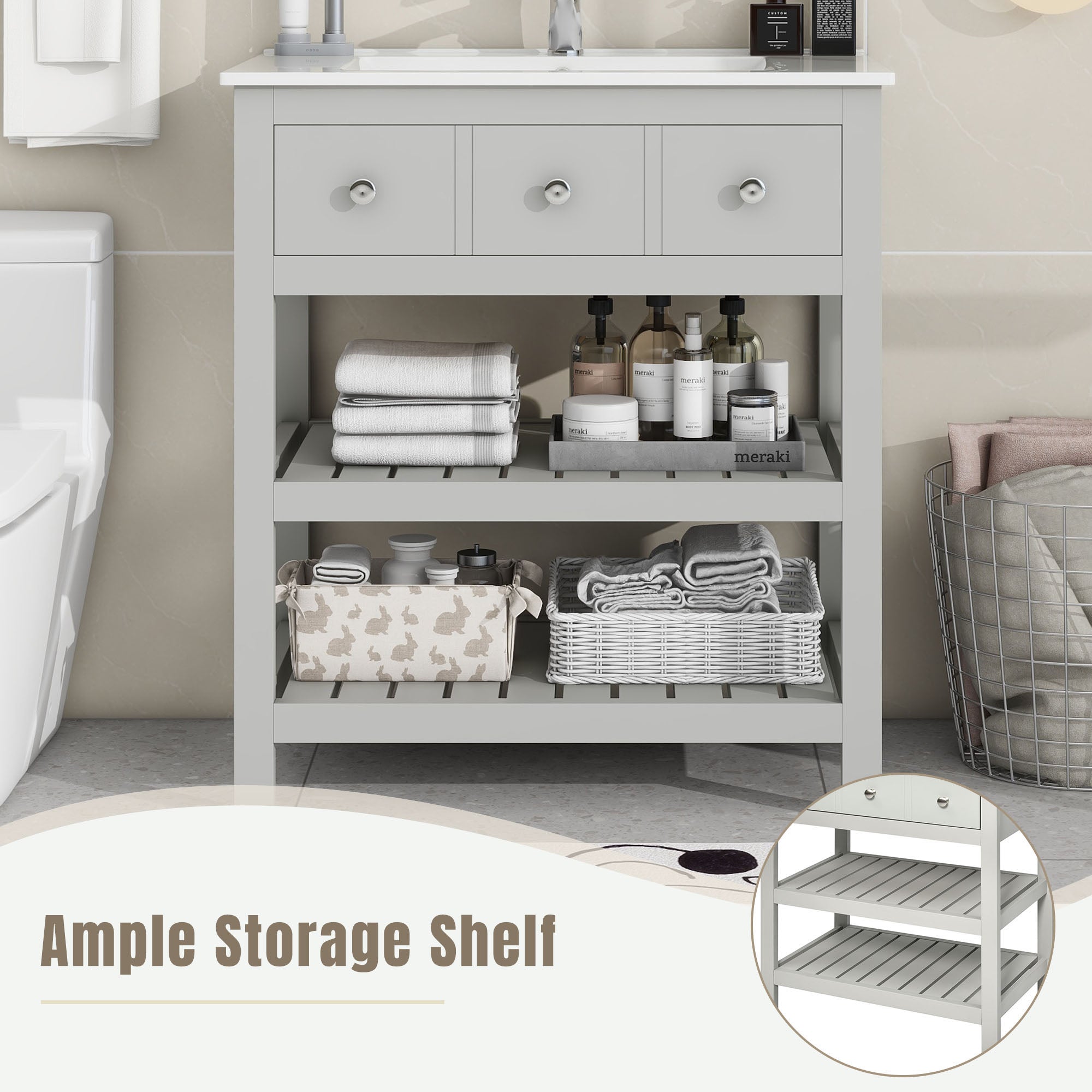 30 Inch MDF Freestanding Bathroom Vanity Set with Integrated Ceramic Sink