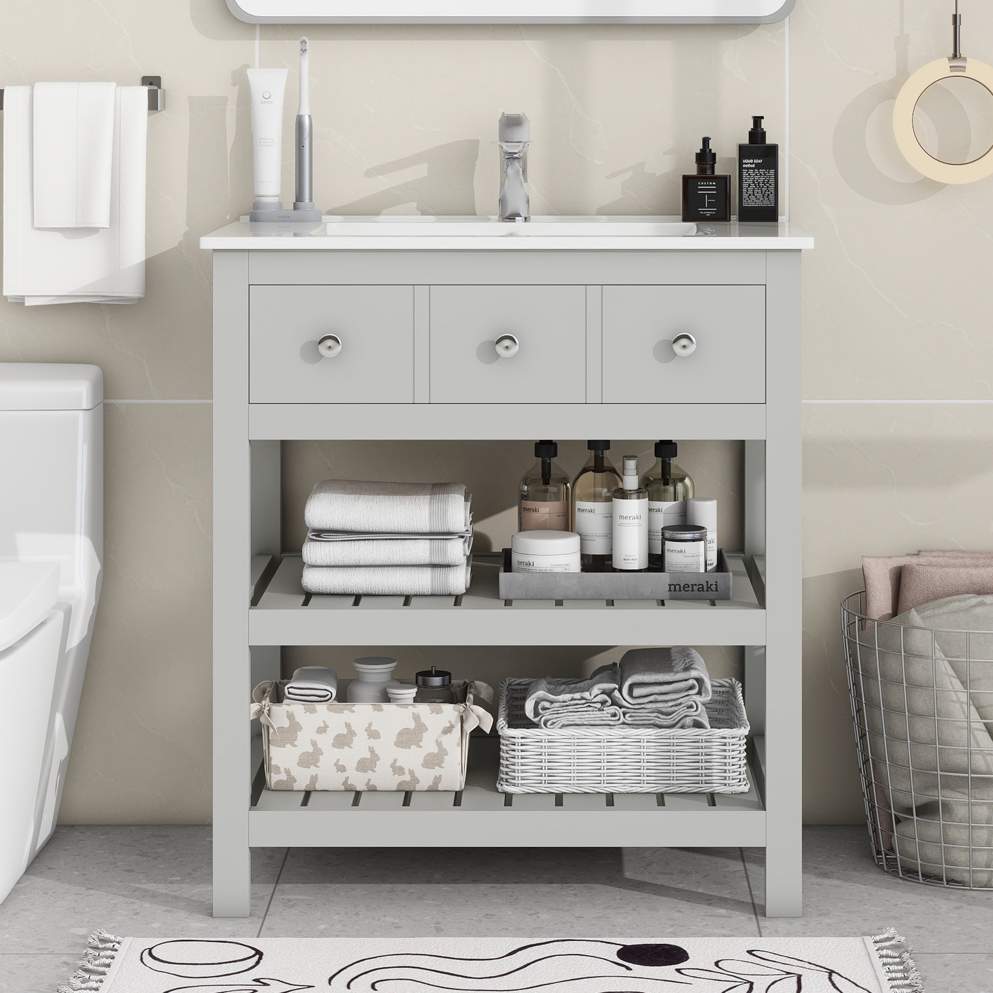 30 Inch MDF Freestanding Bathroom Vanity Set with Integrated Ceramic Sink
