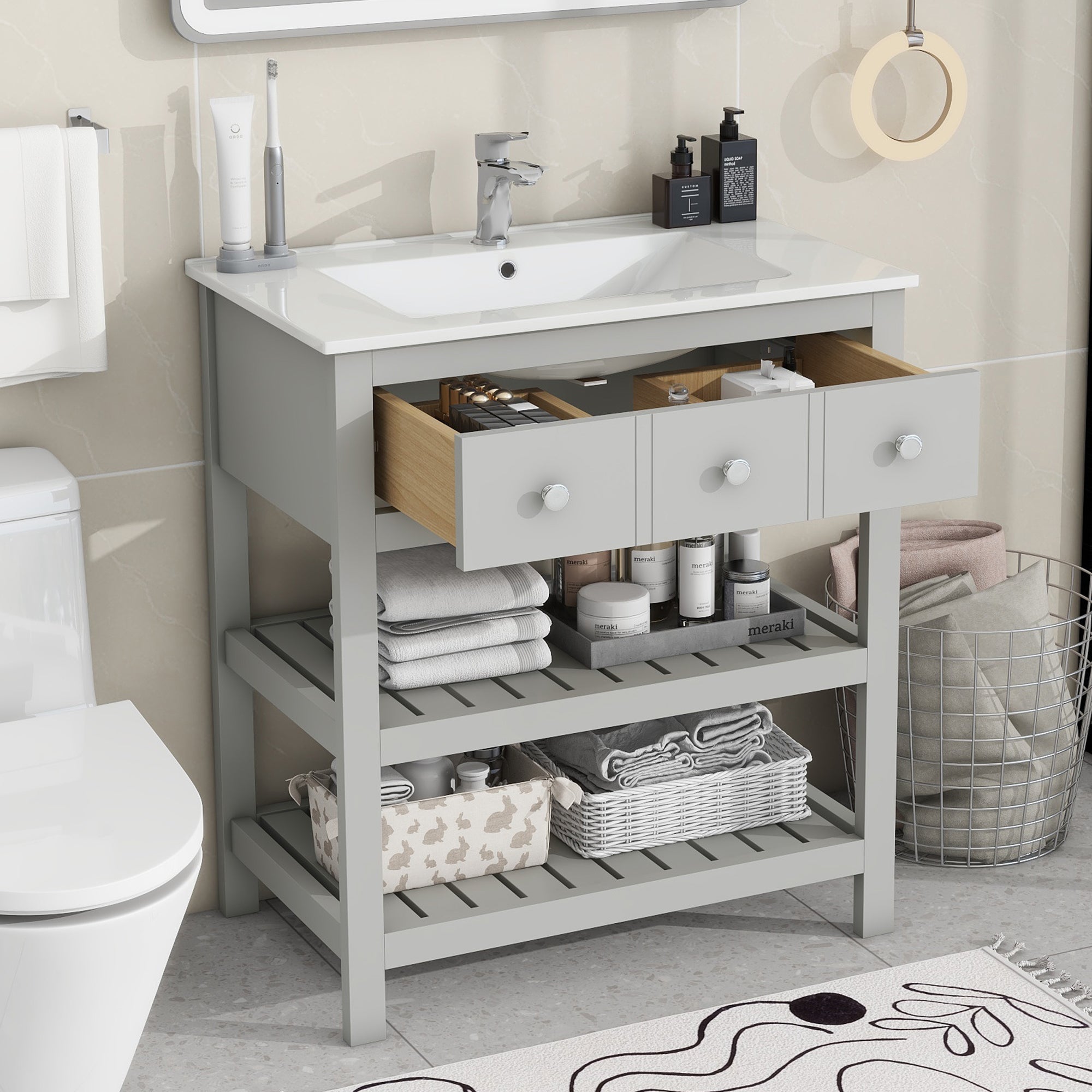 30 Inch MDF Freestanding Bathroom Vanity Set with Integrated Ceramic Sink