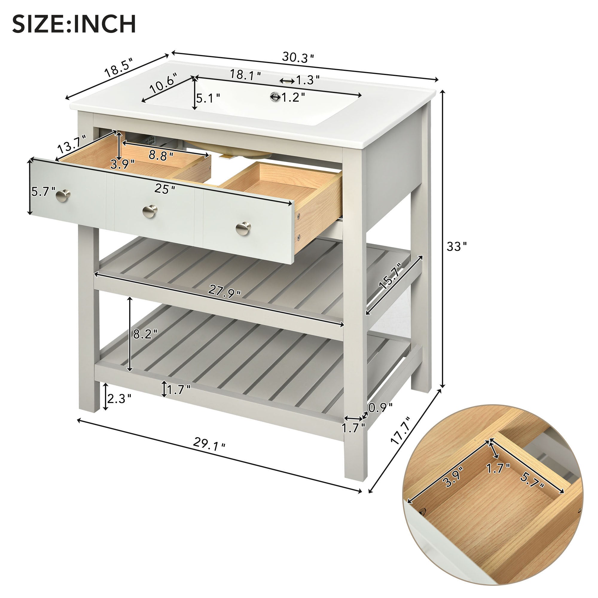 30 Inch MDF Freestanding Bathroom Vanity Set with Integrated Ceramic Sink