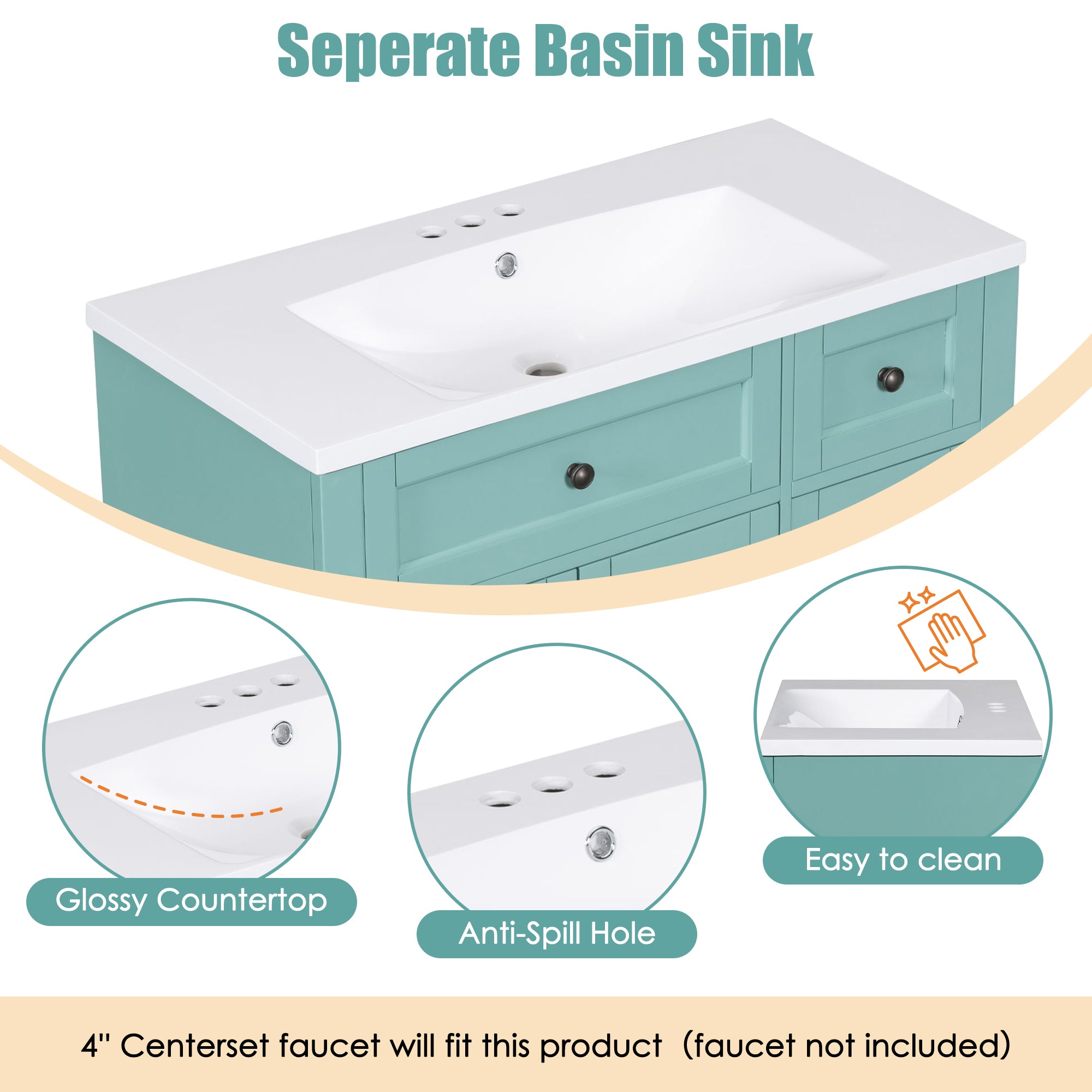36 inches Freestanding Bathroom Vanity Set in Blue-Green with Integrated Resin Sink