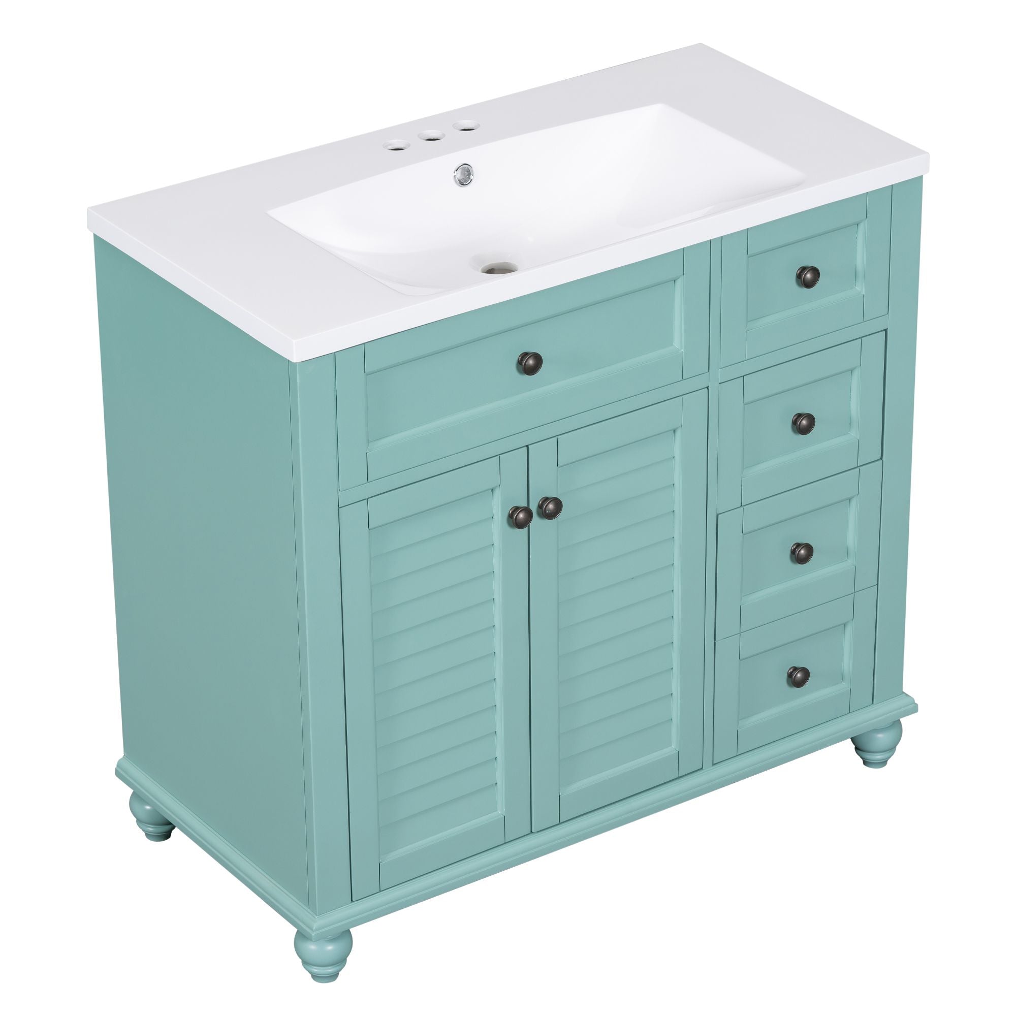 36 inches Freestanding Bathroom Vanity Set in Blue-Green with Integrated Resin Sink