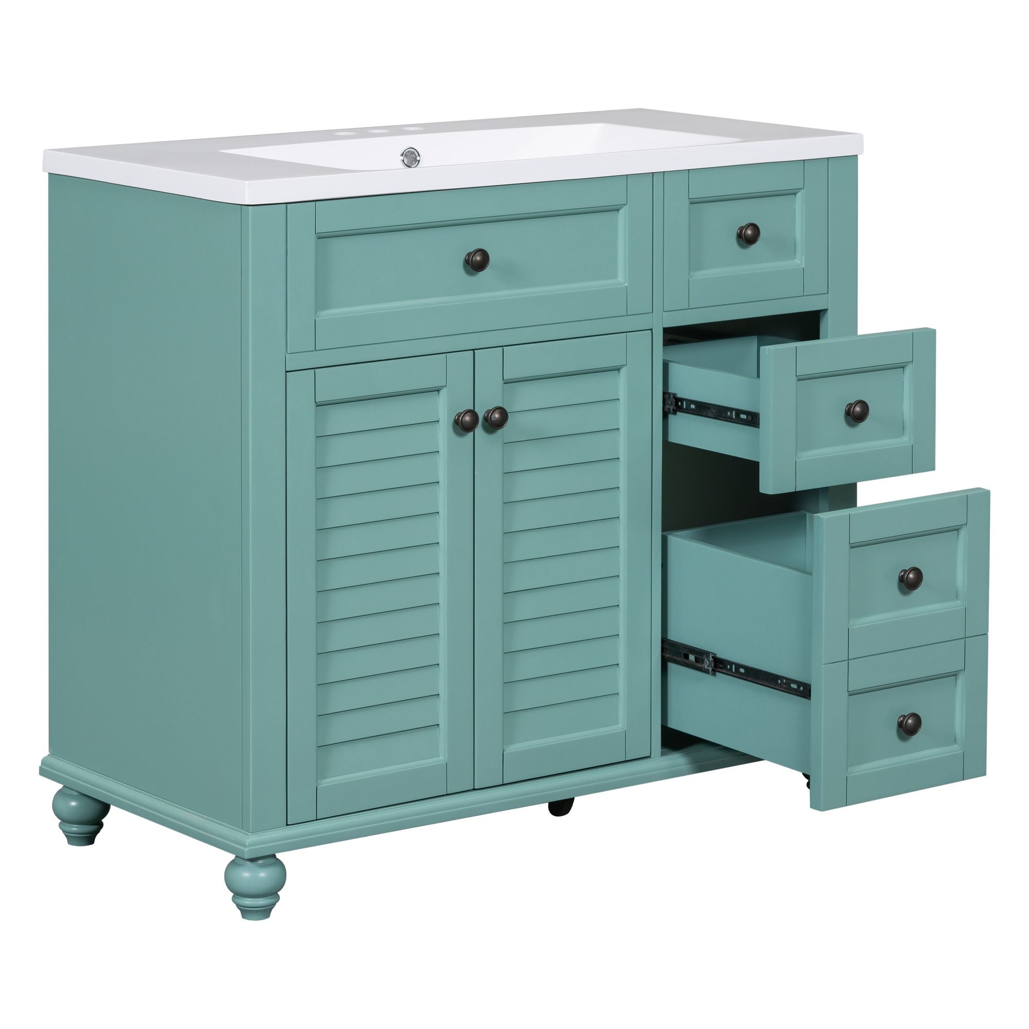 36 inches Freestanding Bathroom Vanity Set in Blue-Green with Integrated Resin Sink