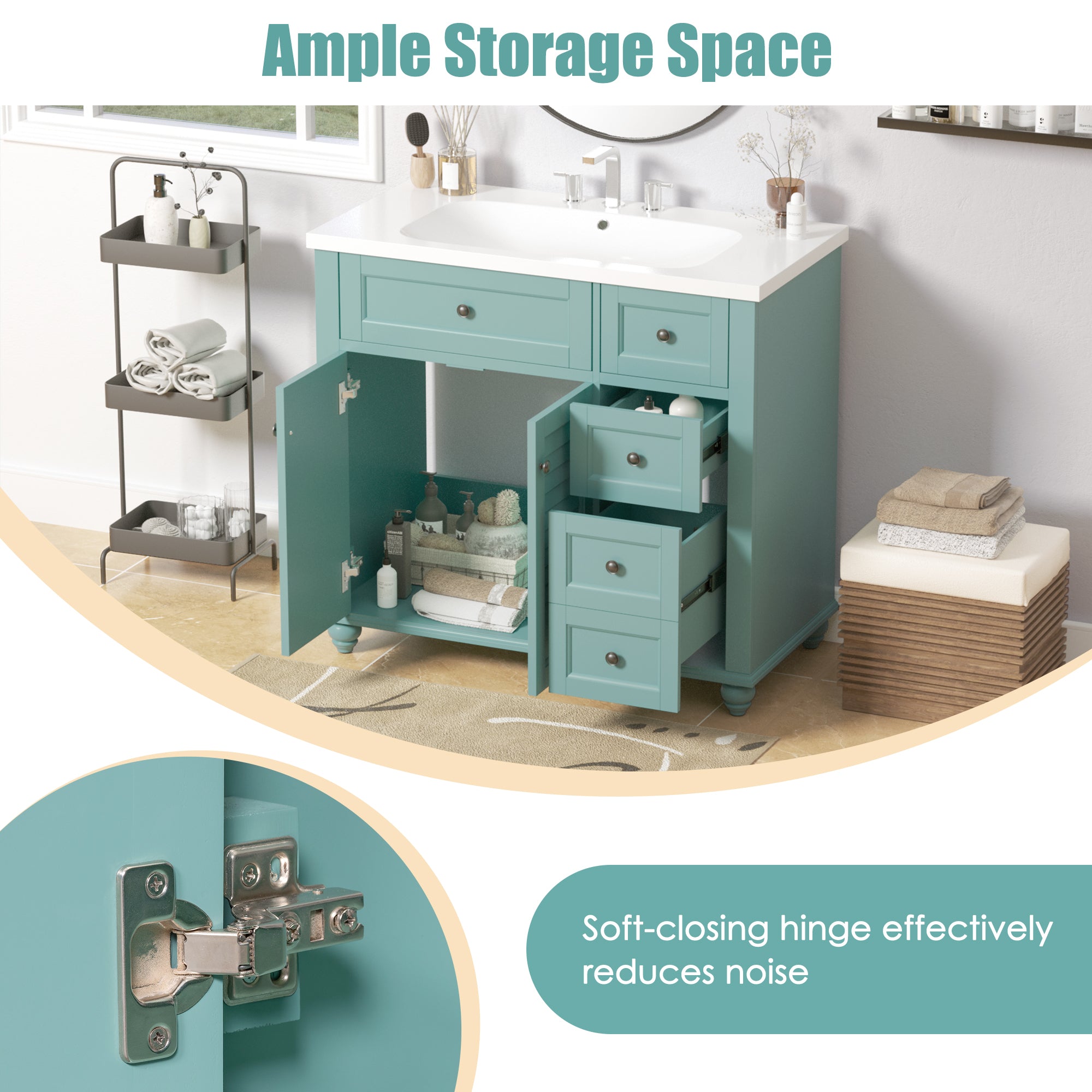 36 inches Freestanding Bathroom Vanity Set in Blue-Green with Integrated Resin Sink