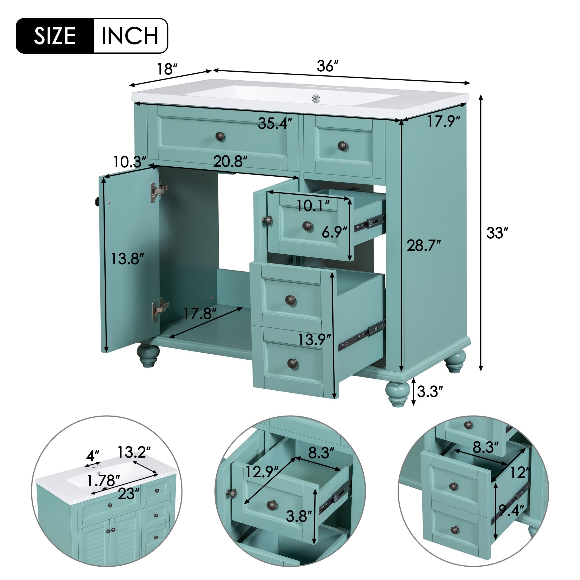 36 inches Freestanding Bathroom Vanity Set in Blue-Green with Integrated Resin Sink