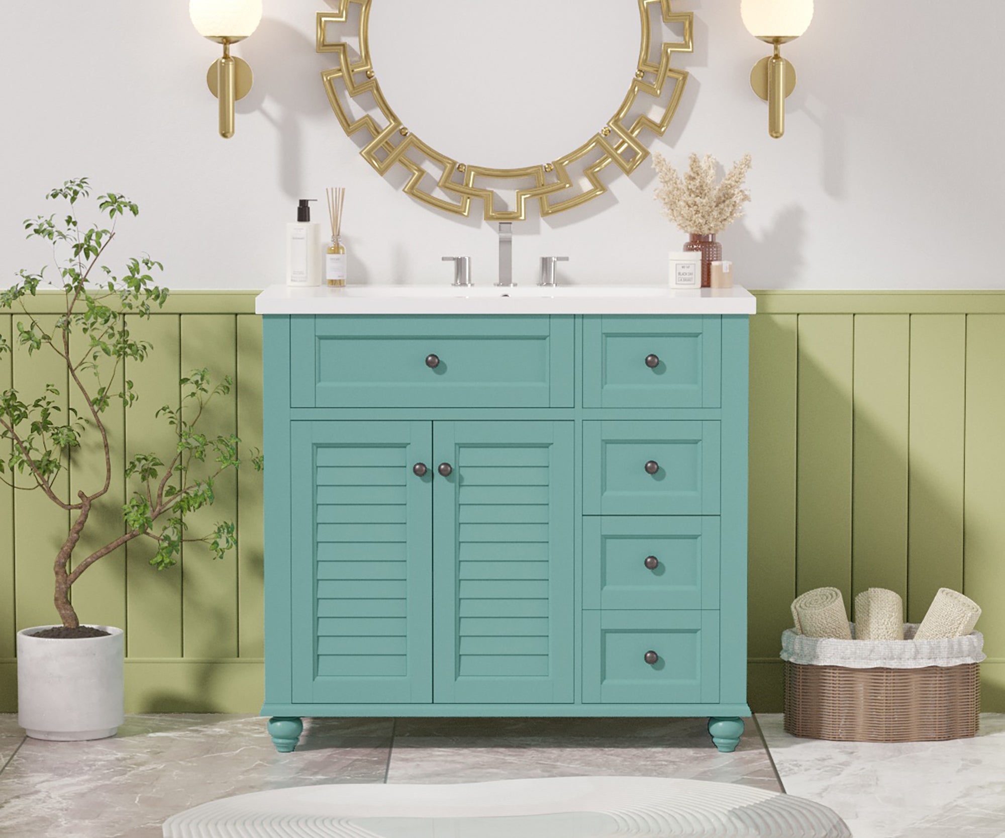36 inches Freestanding Bathroom Vanity Set in Blue-Green with Integrated Resin Sink