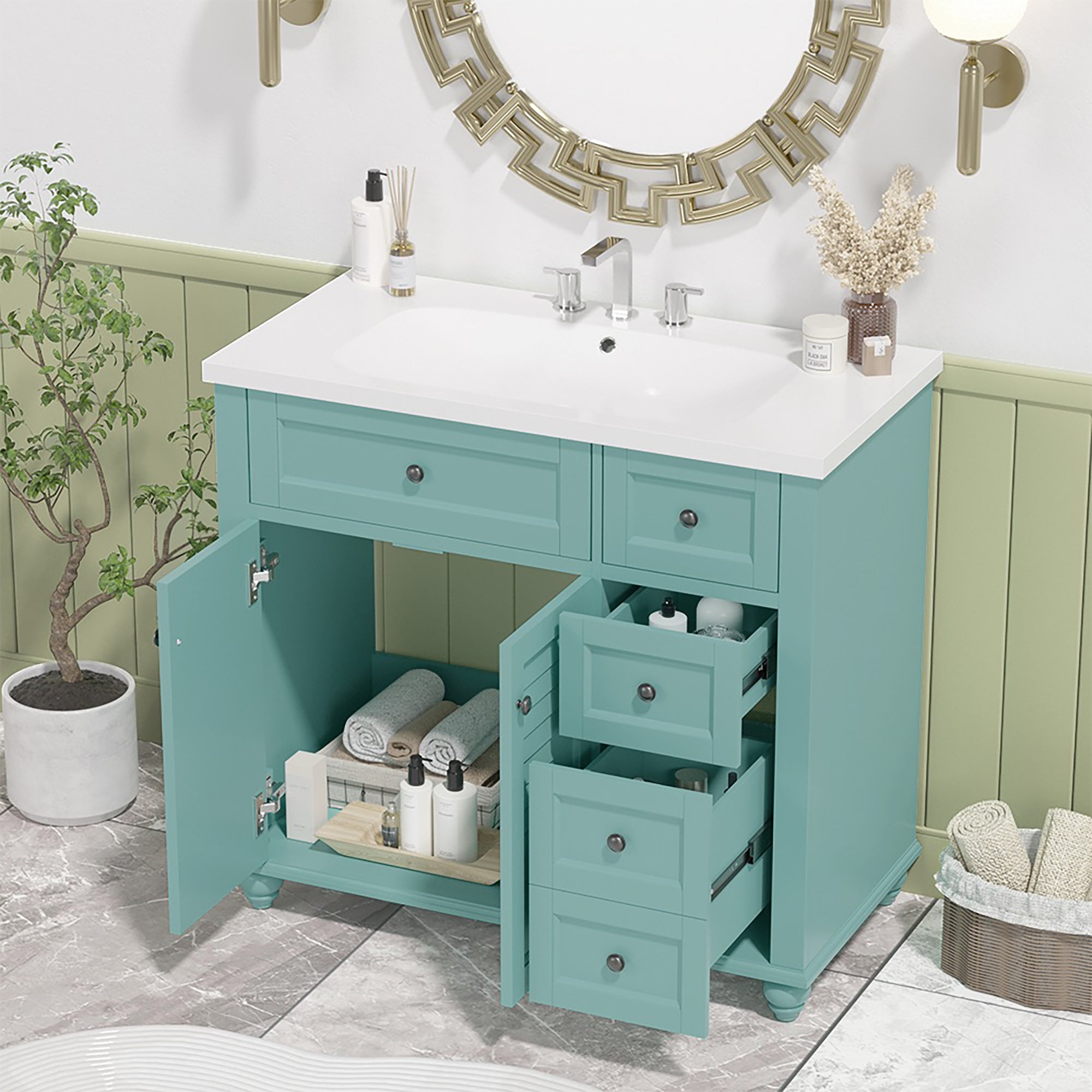 36 inches Freestanding Bathroom Vanity Set in Blue-Green with Integrated Resin Sink