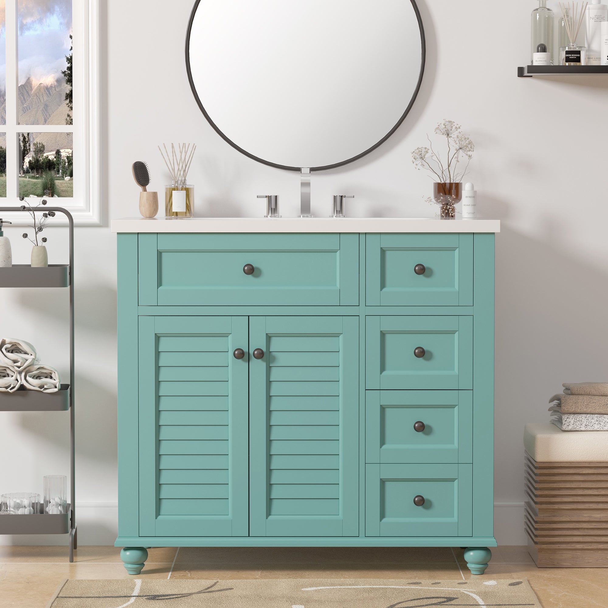 36 inches Freestanding Bathroom Vanity Set in Blue-Green with Integrated Resin Sink