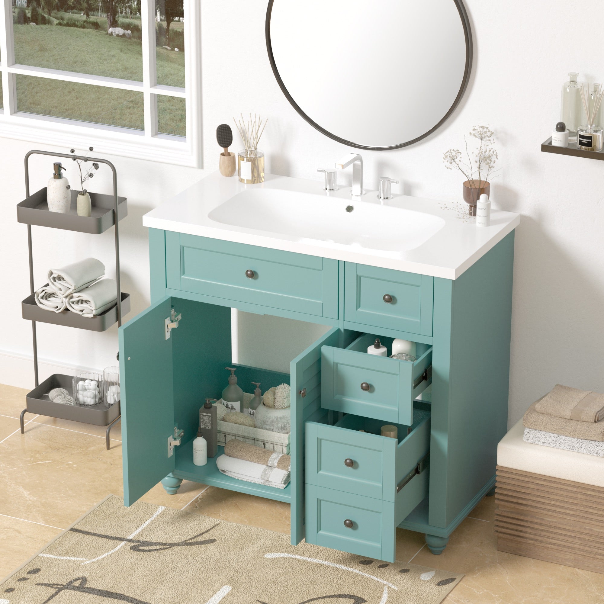 36 inches Freestanding Bathroom Vanity Set in Blue-Green with Integrated Resin Sink