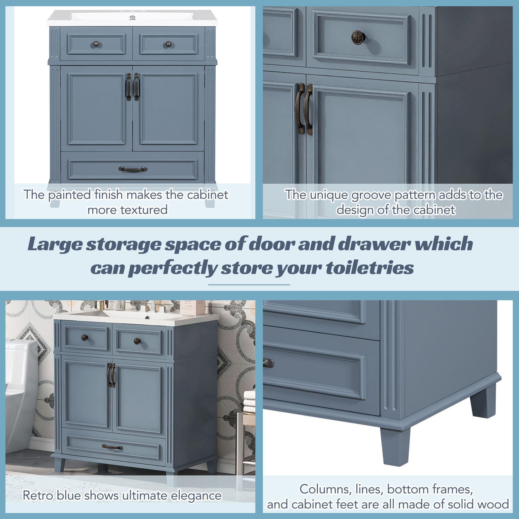 30 inches Freestanding Bathroom Vanity Set in Blue with Integrated Resin Sink
