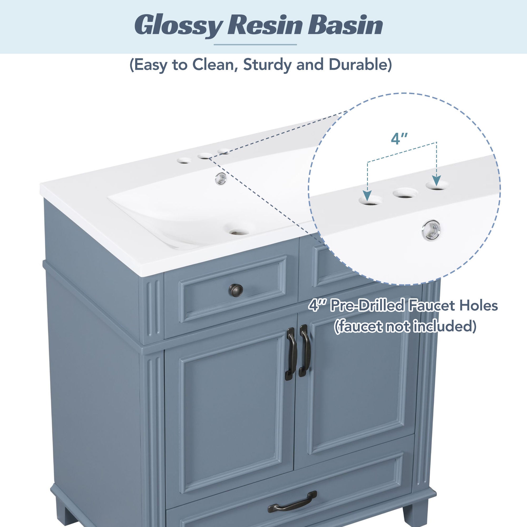 30 inches Freestanding Bathroom Vanity Set in Blue with Integrated Resin Sink