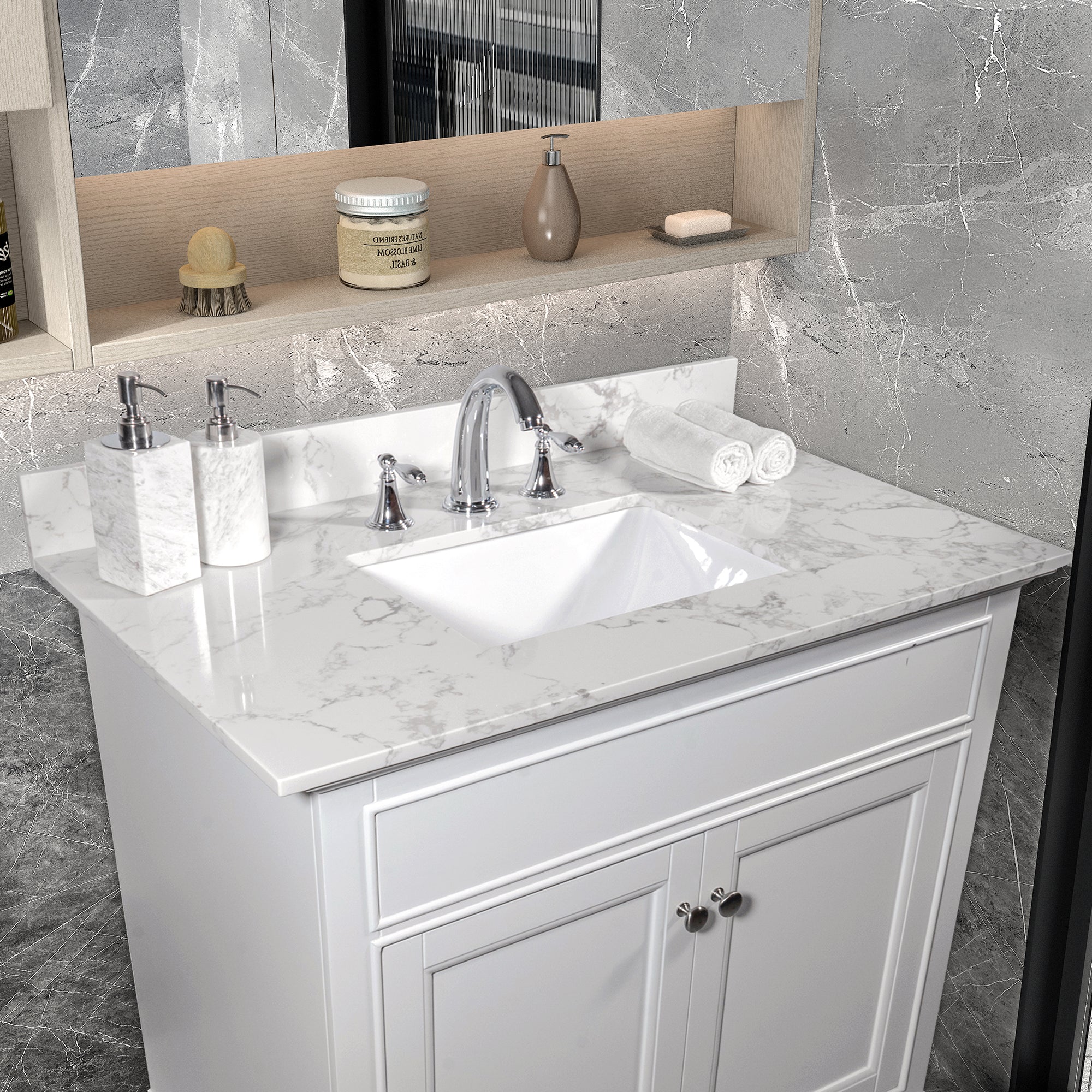 31 in./ 37 in./ 43 in./ 49 in./ Carrara White Engineered Stone Bathroom Vanity Top with Ceramic Sink