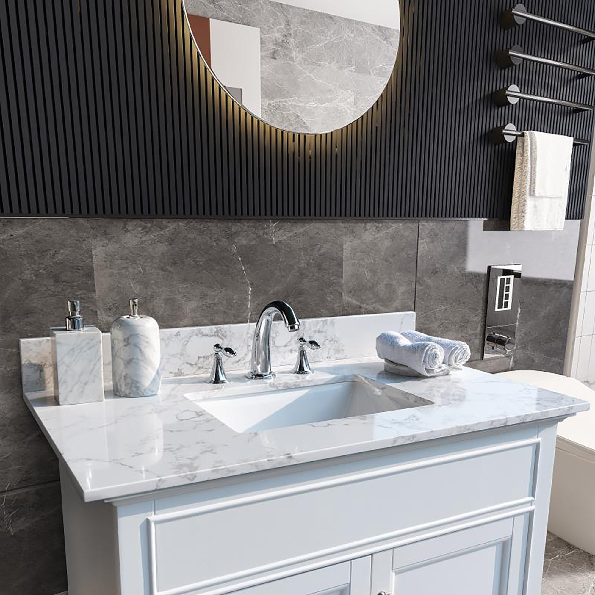 31 in./ 37 in./ 43 in./ 49 in./ Carrara White Engineered Stone Bathroom Vanity Top with Ceramic Sink
