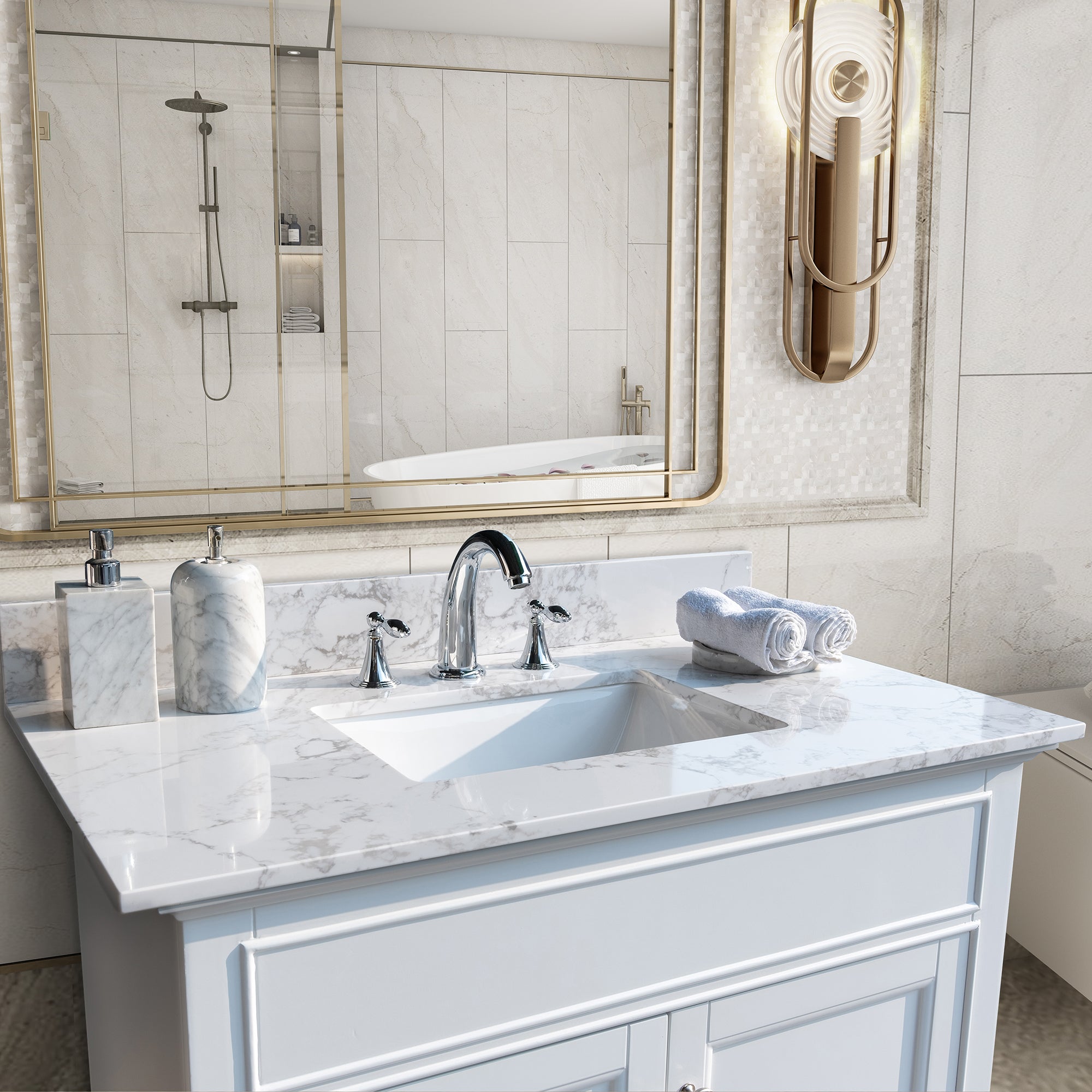 31 in./ 37 in./ 43 in./ 49 in./ Carrara White Engineered Stone Bathroom Vanity Top with Ceramic Sink